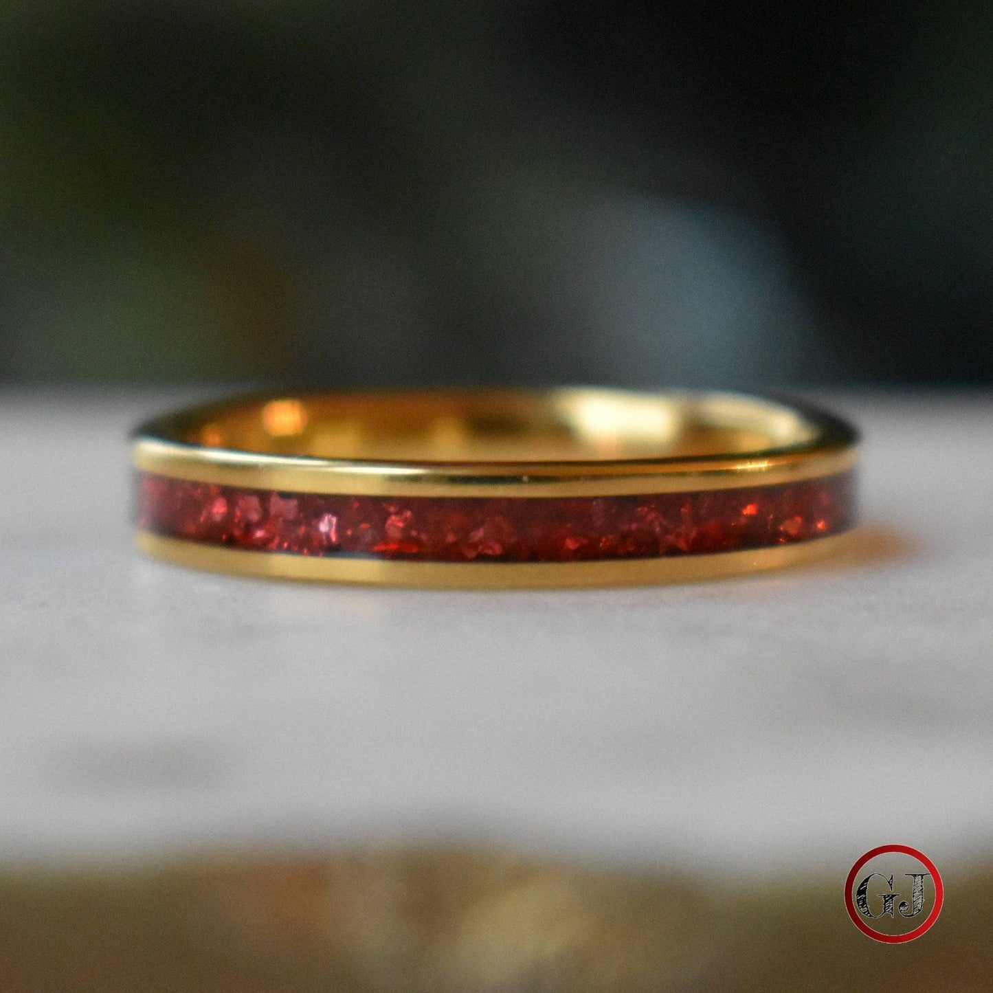 Tungsten 4mm Yellow Gold Ring German Ruby Red Glass Wedding Band - Tungsten Titans