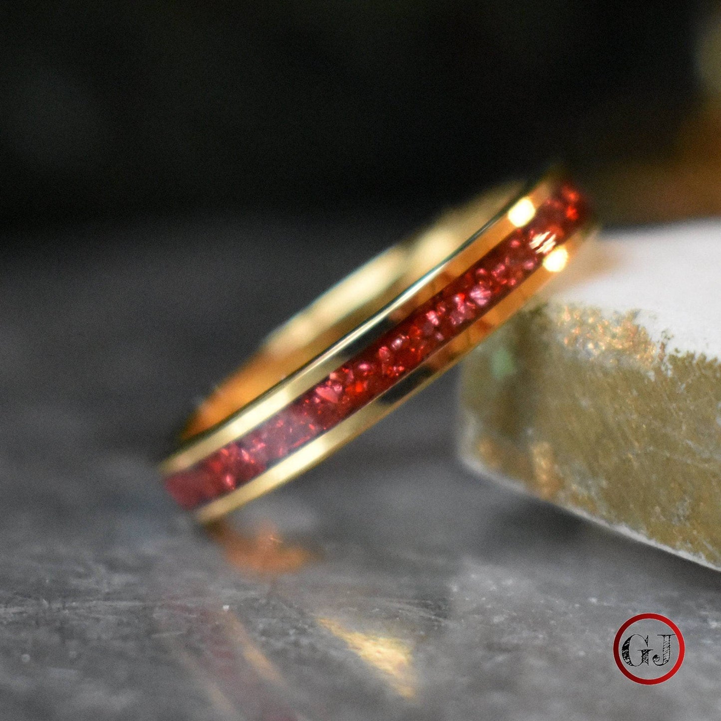Tungsten 4mm Yellow Gold Ring German Ruby Red Glass Wedding Band - Tungsten Titans