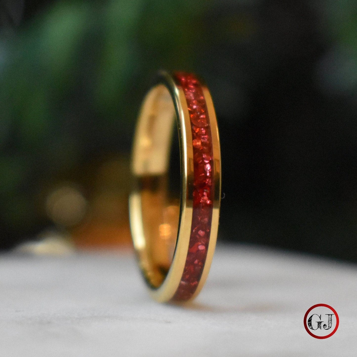 Tungsten 4mm Yellow Gold Ring German Ruby Red Glass Wedding Band - Tungsten Titans