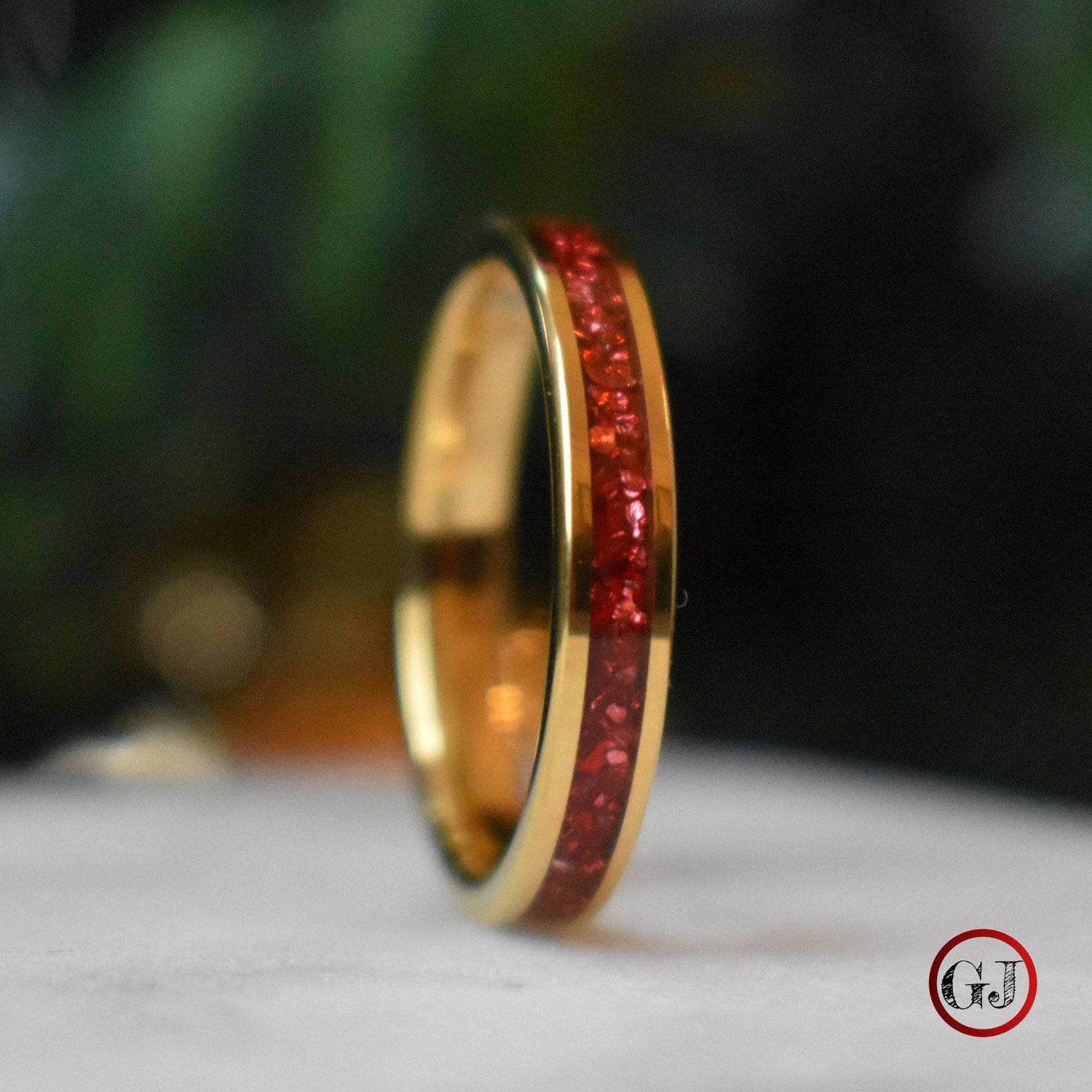 Tungsten 4mm Yellow Gold Ring German Ruby Red Glass Wedding Band - Tungsten Titans