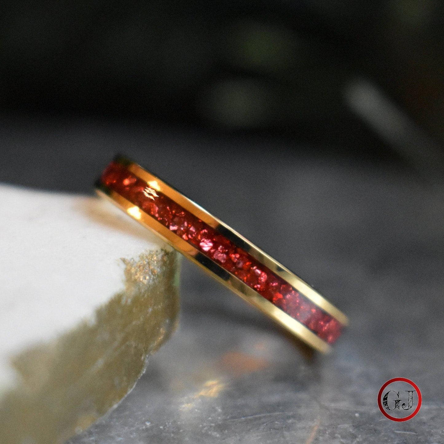Tungsten 4mm Yellow Gold Ring German Ruby Red Glass Wedding Band - Tungsten Titans