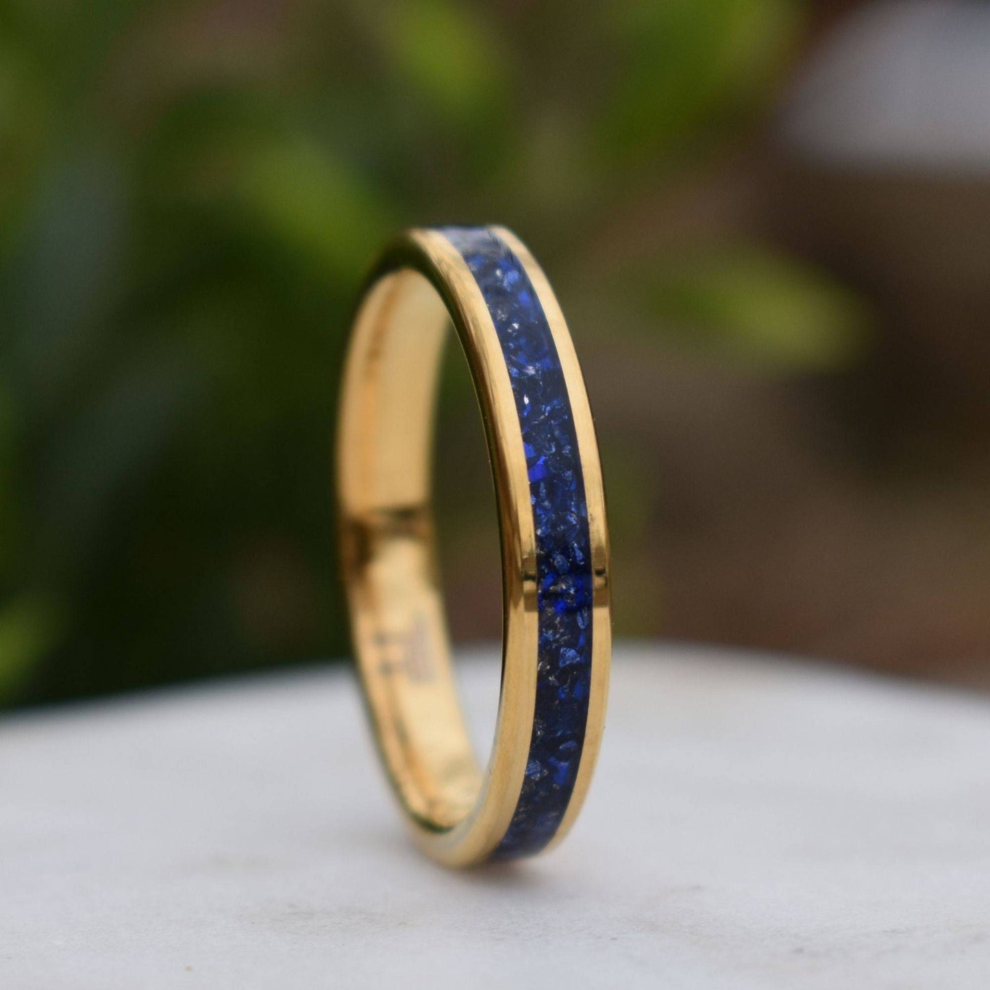 Tungsten 4mm Yellow Gold Ring Blue Sapphire German Glass Wedding Band - Tungsten Titans