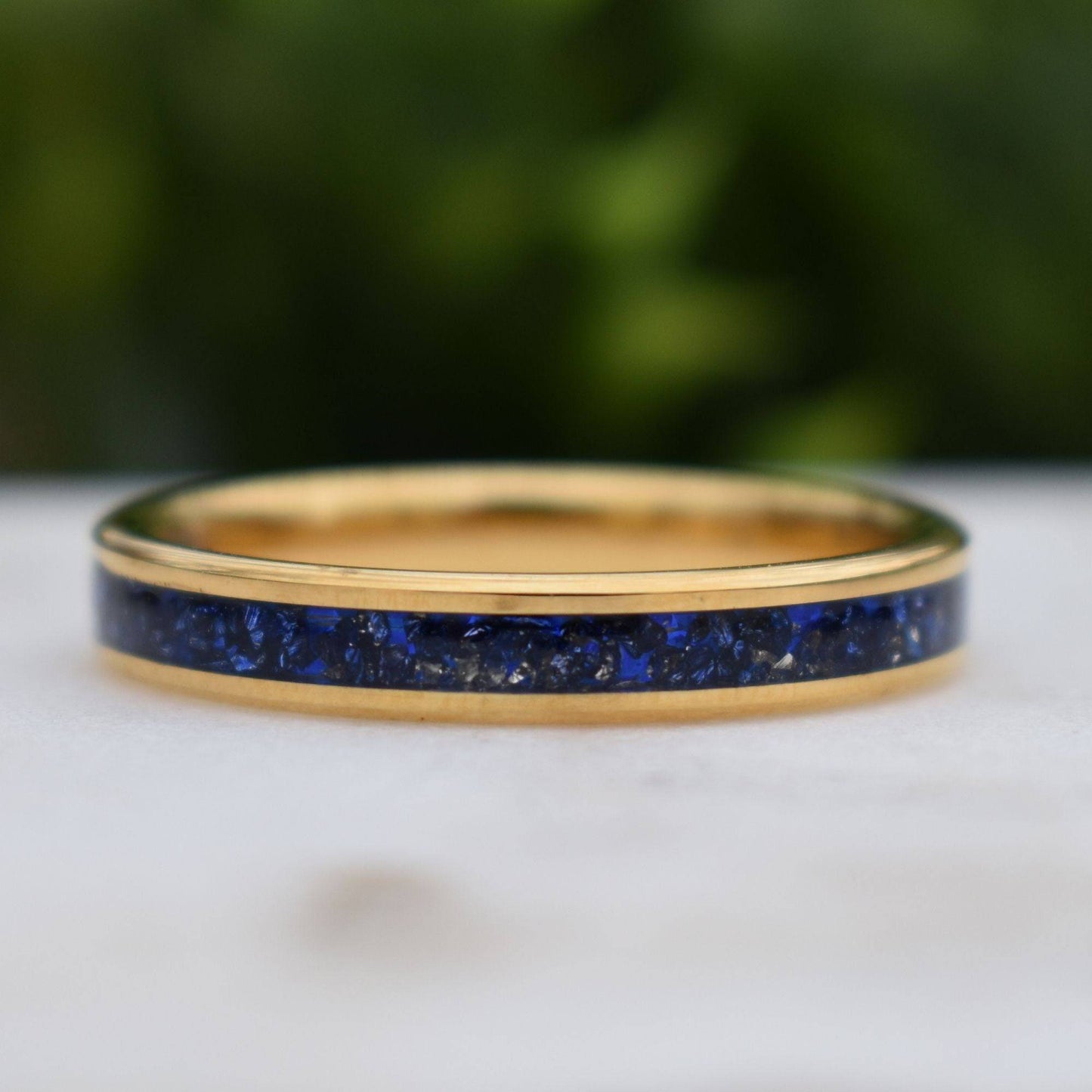 Tungsten 4mm Yellow Gold Ring Blue Sapphire German Glass Wedding Band - Tungsten Titans