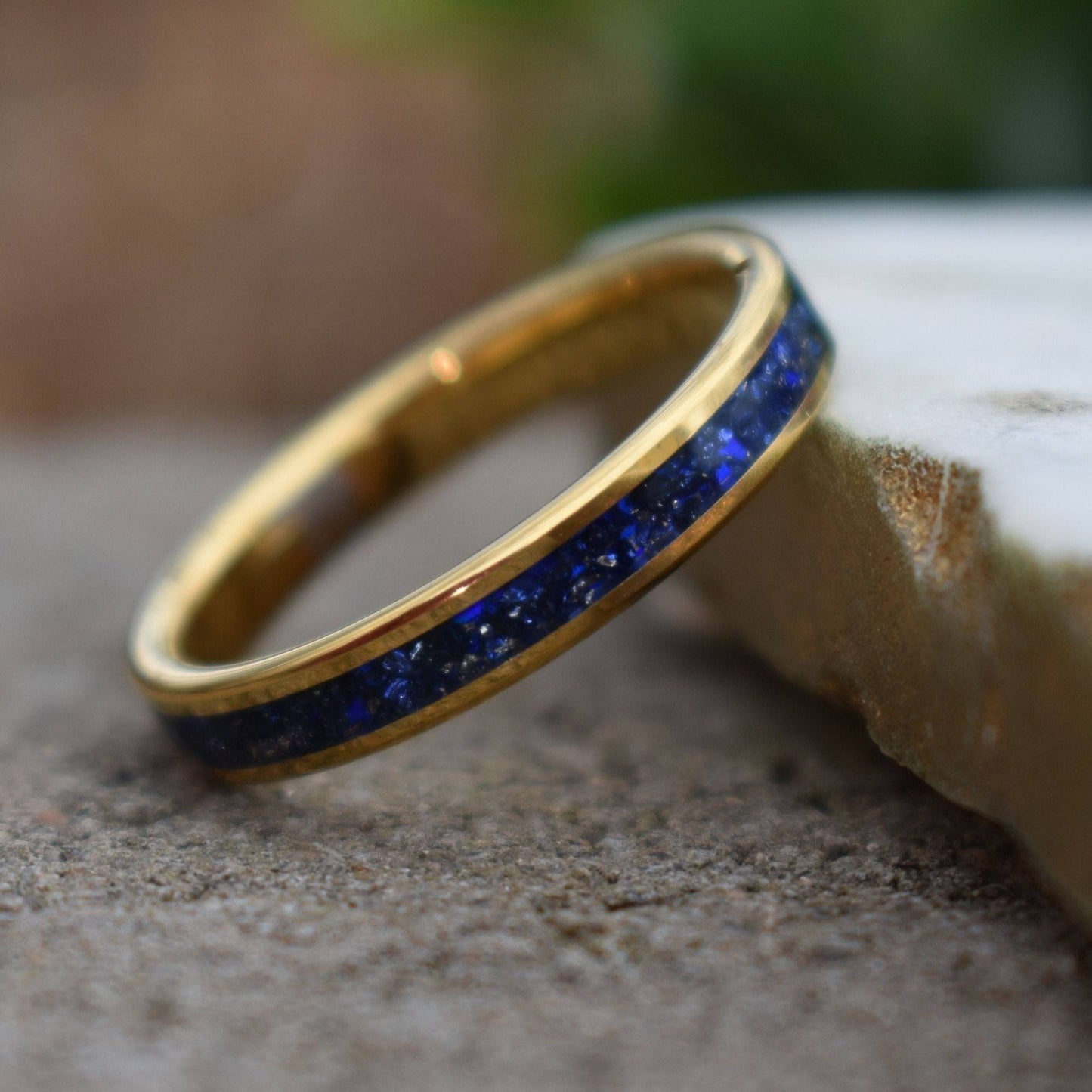 Tungsten 4mm Yellow Gold Ring Blue Sapphire German Glass Wedding Band - Tungsten Titans
