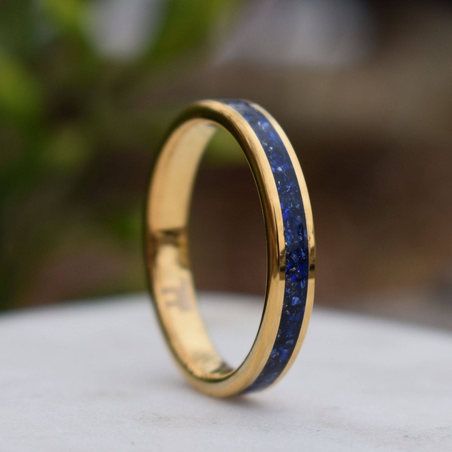 Tungsten 4mm Yellow Gold Ring Blue Sapphire German Glass Wedding Band - Tungsten Titans