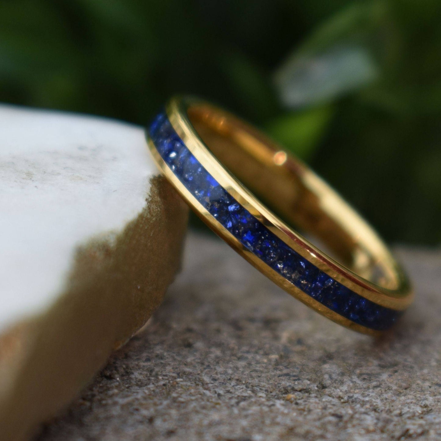 Tungsten 4mm Yellow Gold Ring Blue Sapphire German Glass Wedding Band - Tungsten Titans