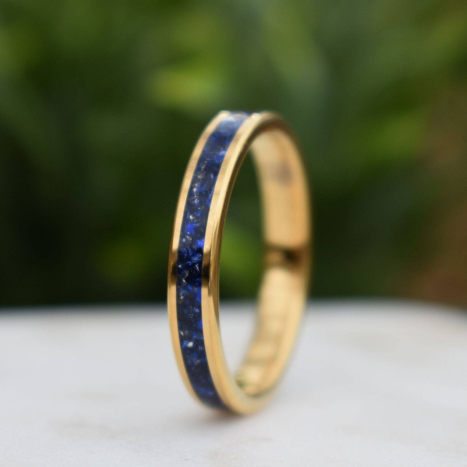 Tungsten 4mm Yellow Gold Ring Blue Sapphire German Glass Wedding Band - Tungsten Titans