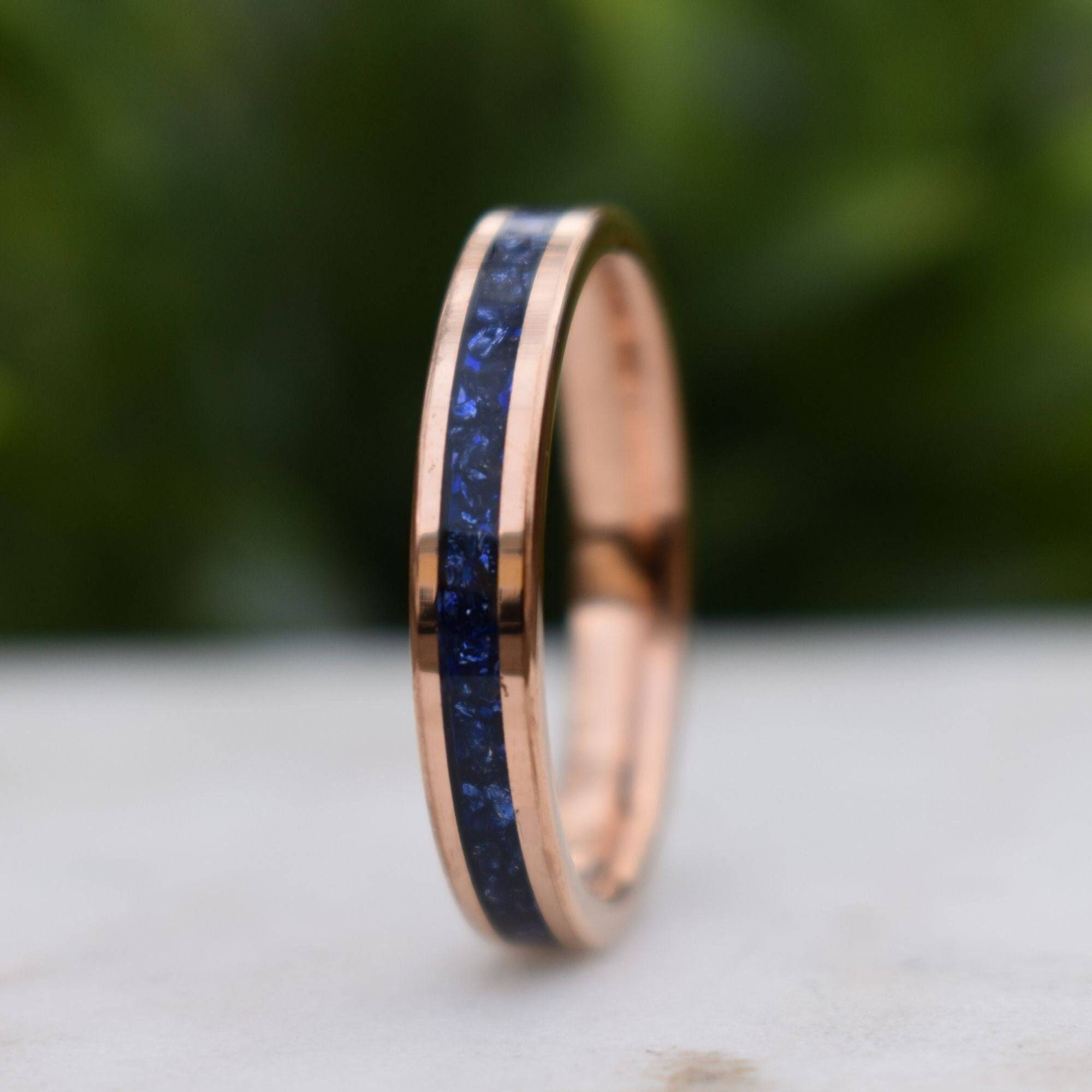 Tungsten 4mm Rose Gold Ring Blue Sapphire German Glass Wedding Band, Womens Ring, Womens Wedding Band - Tungsten Titans