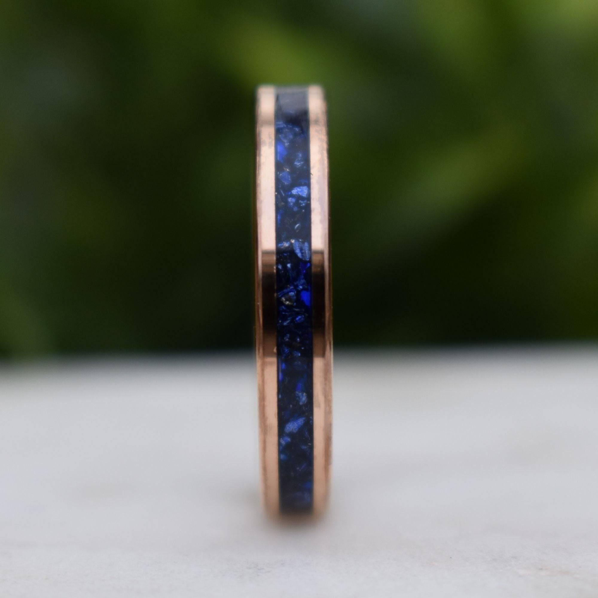 Tungsten 4mm Rose Gold Ring Blue Sapphire German Glass Wedding Band, Womens Ring, Womens Wedding Band - Tungsten Titans