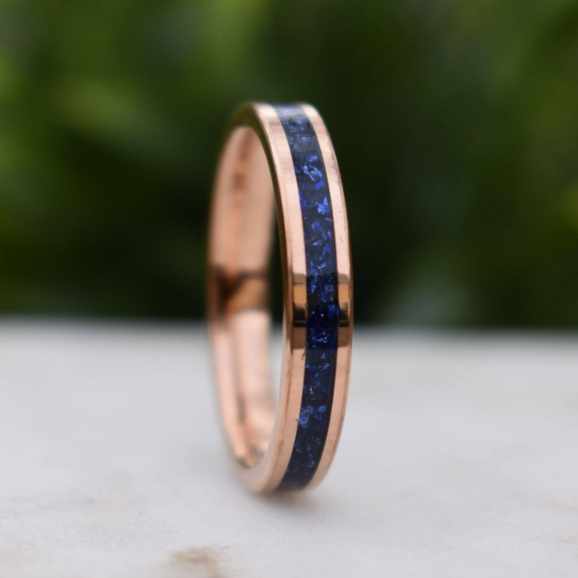 Tungsten 4mm Rose Gold Ring Blue Sapphire German Glass Wedding Band, Womens Ring, Womens Wedding Band - Tungsten Titans