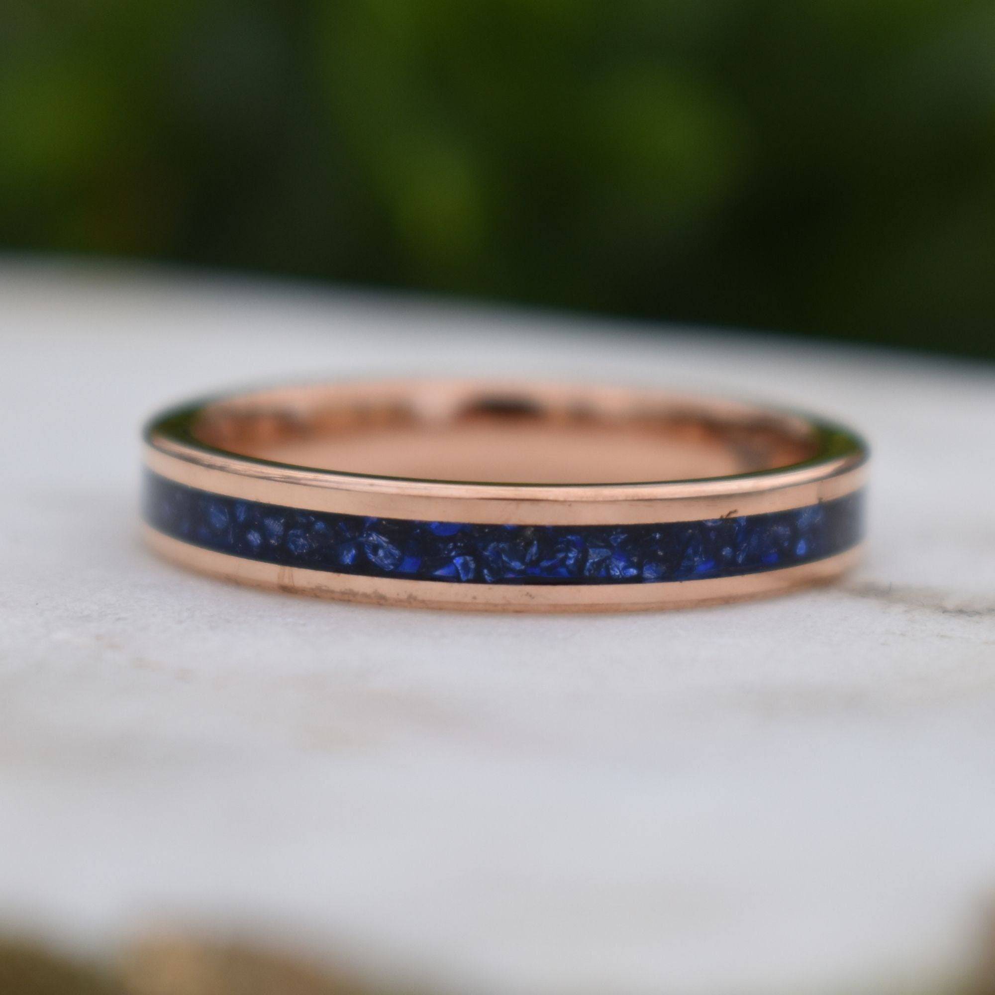 Tungsten 4mm Rose Gold Ring Blue Sapphire German Glass Wedding Band, Womens Ring, Womens Wedding Band - Tungsten Titans