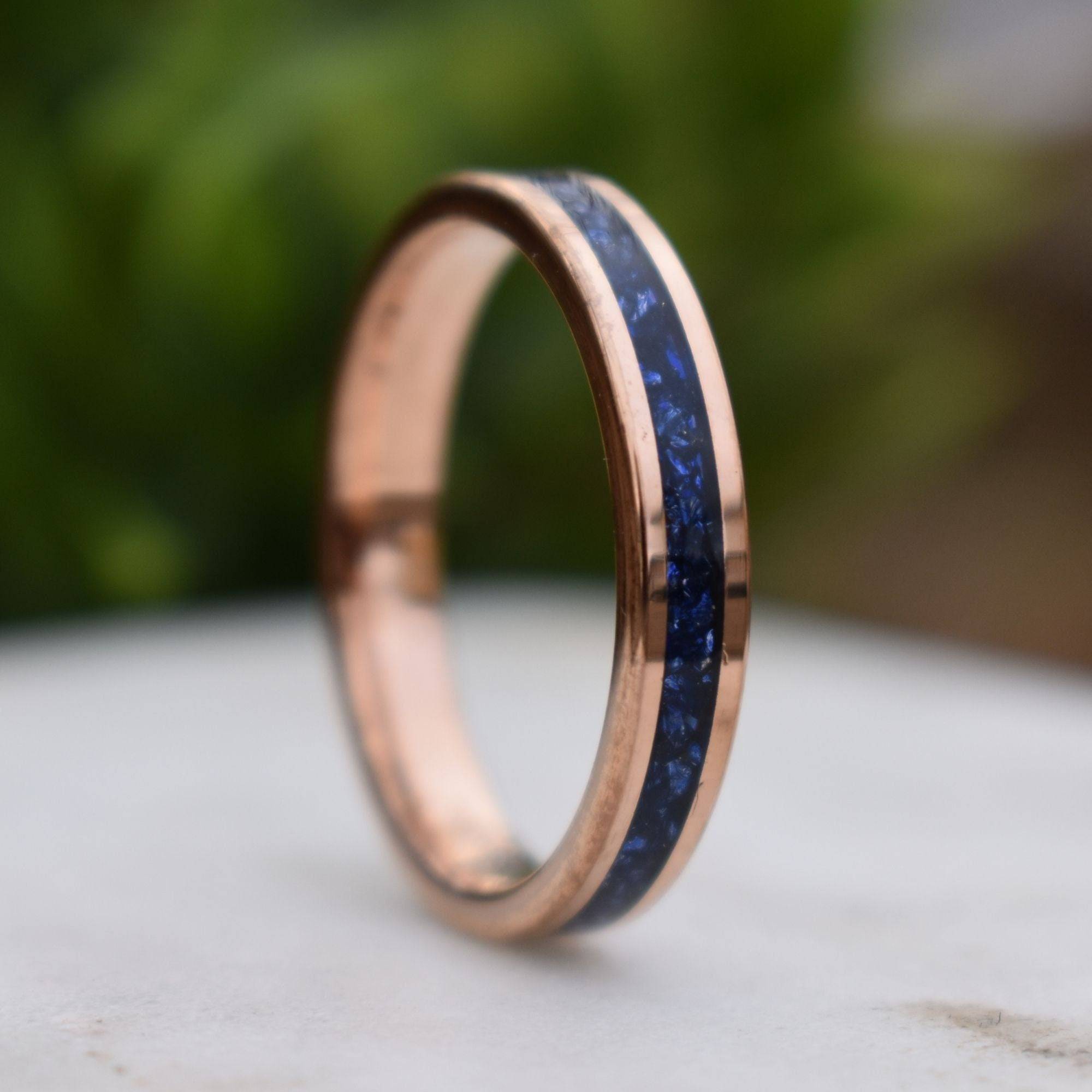 Tungsten 4mm Rose Gold Ring Blue Sapphire German Glass Wedding Band, Womens Ring, Womens Wedding Band - Tungsten Titans