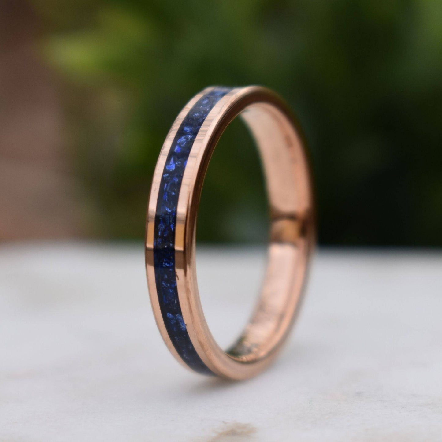 Tungsten 4mm Rose Gold Ring Blue Sapphire German Glass Wedding Band, Womens Ring, Womens Wedding Band - Tungsten Titans
