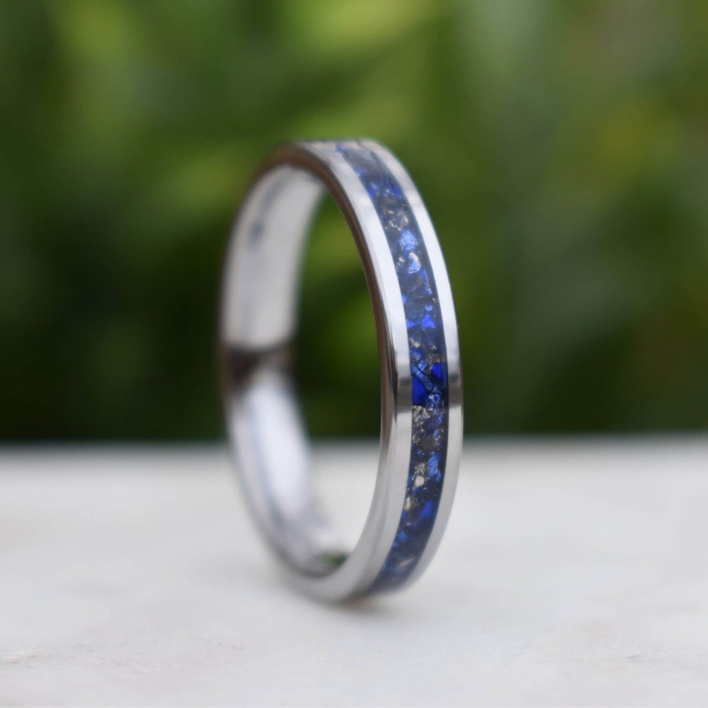 Tungsten 4mm Ring Blue Sapphire German Glass Wedding Band, Womens Ring, Womens Wedding Band - Tungsten Titans