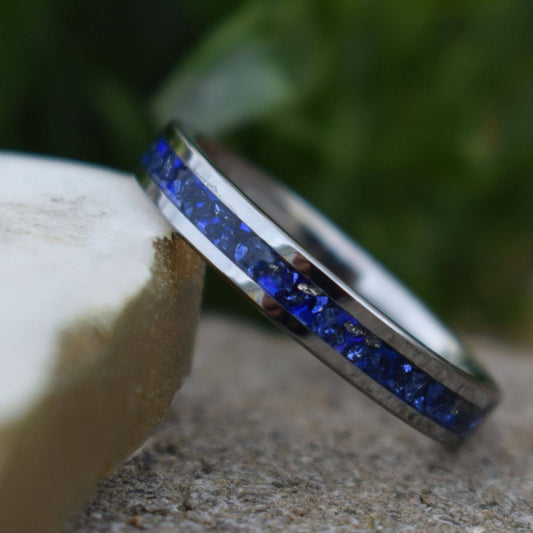 Tungsten 4mm Ring Blue Sapphire German Glass Wedding Band, Womens Ring, Womens Wedding Band - Tungsten Titans