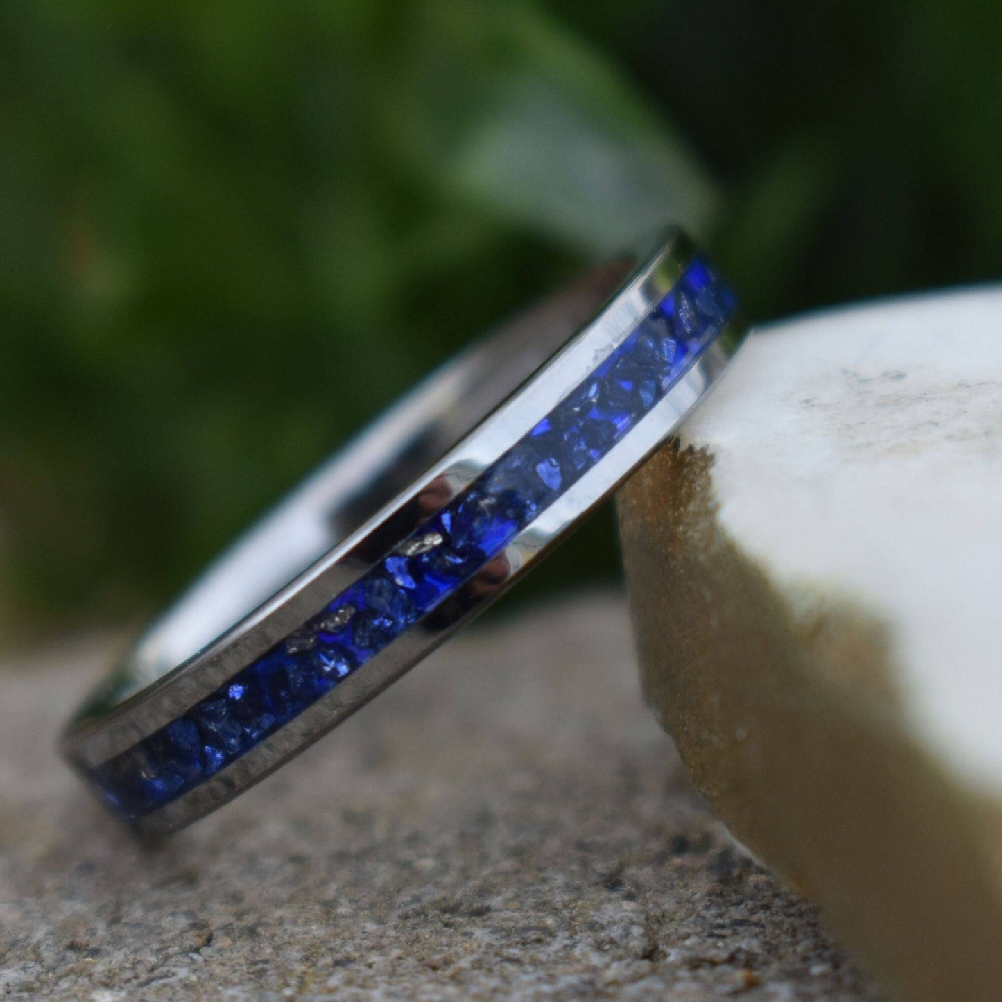 Tungsten 4mm Ring Blue Sapphire German Glass Wedding Band, Womens Ring, Womens Wedding Band - Tungsten Titans