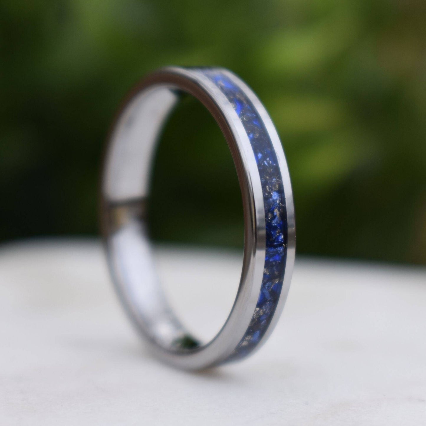 Tungsten 4mm Ring Blue Sapphire German Glass Wedding Band, Womens Ring, Womens Wedding Band - Tungsten Titans