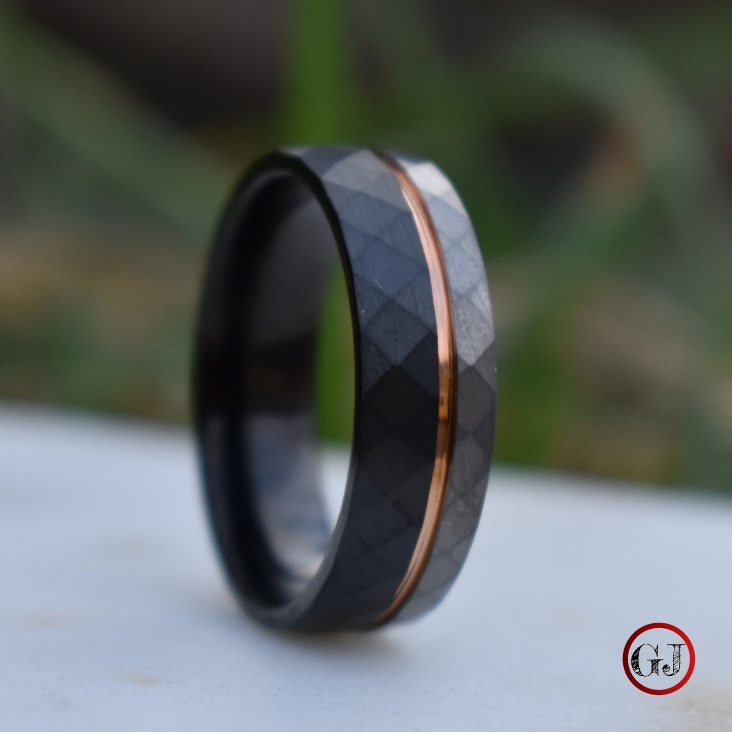 Hammered Tungsten Ring Black and Silver Brushed with Rose Gold Accent, Mens Ring, Mens Wedding Band