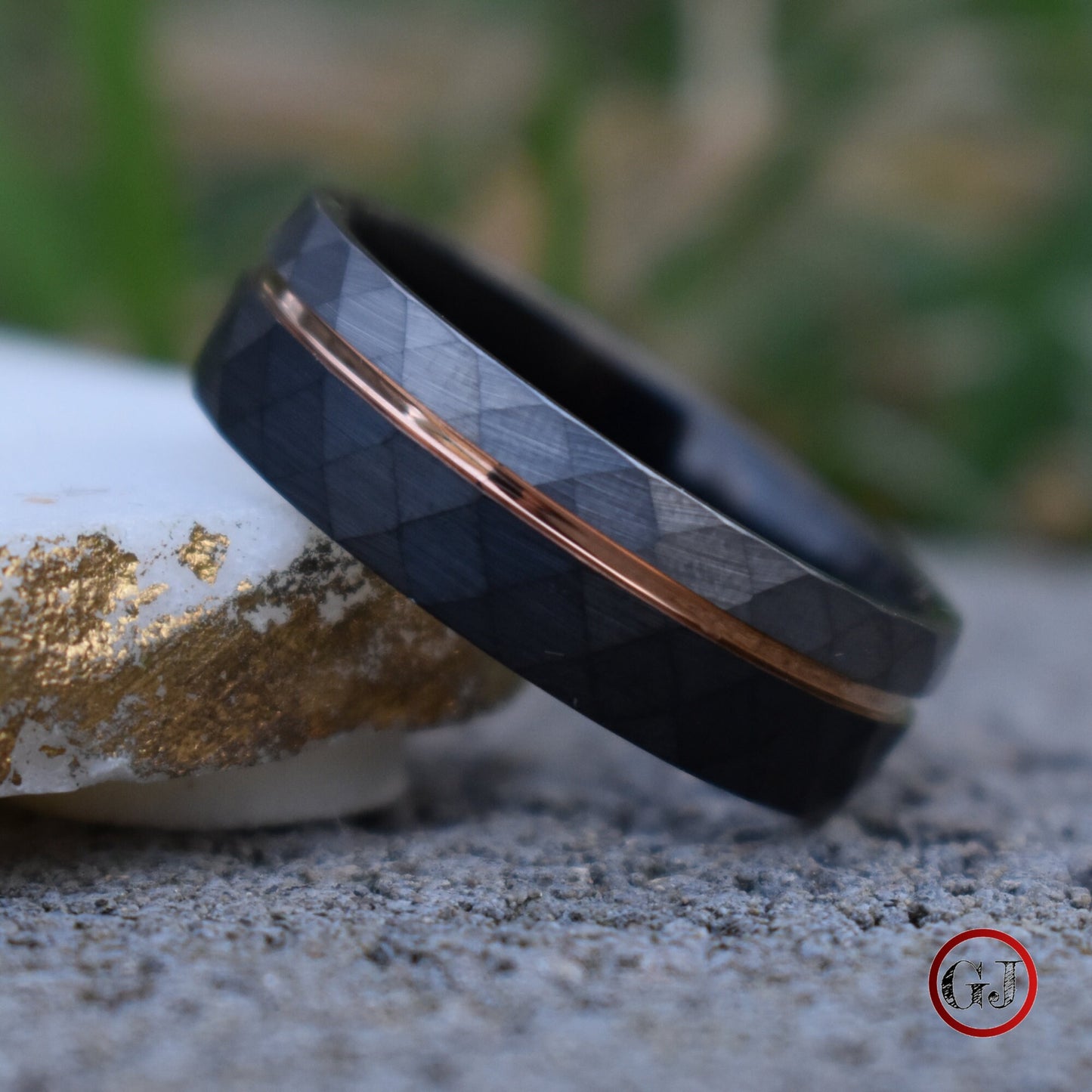 Hammered Tungsten Ring Black and Silver Brushed with Rose Gold Accent, Mens Ring, Mens Wedding Band