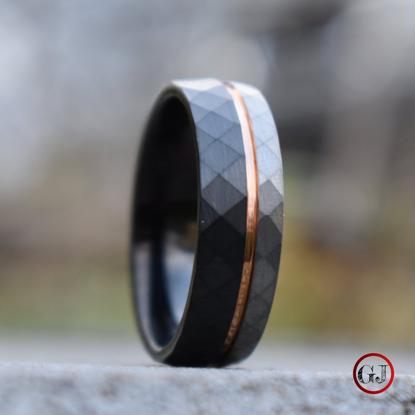 Hammered Tungsten Ring Black and Silver Brushed with Rose Gold Accent, Mens Ring, Mens Wedding Band