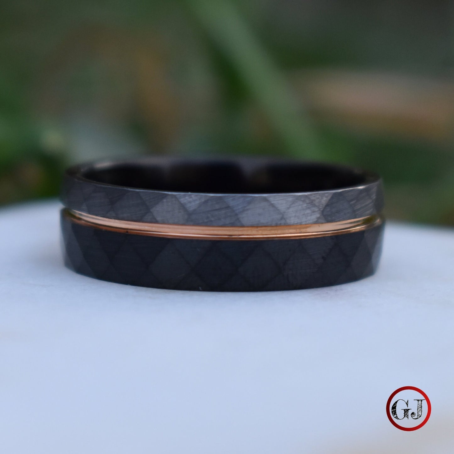 Hammered Tungsten Ring Black and Silver Brushed with Rose Gold Accent, Mens Ring, Mens Wedding Band