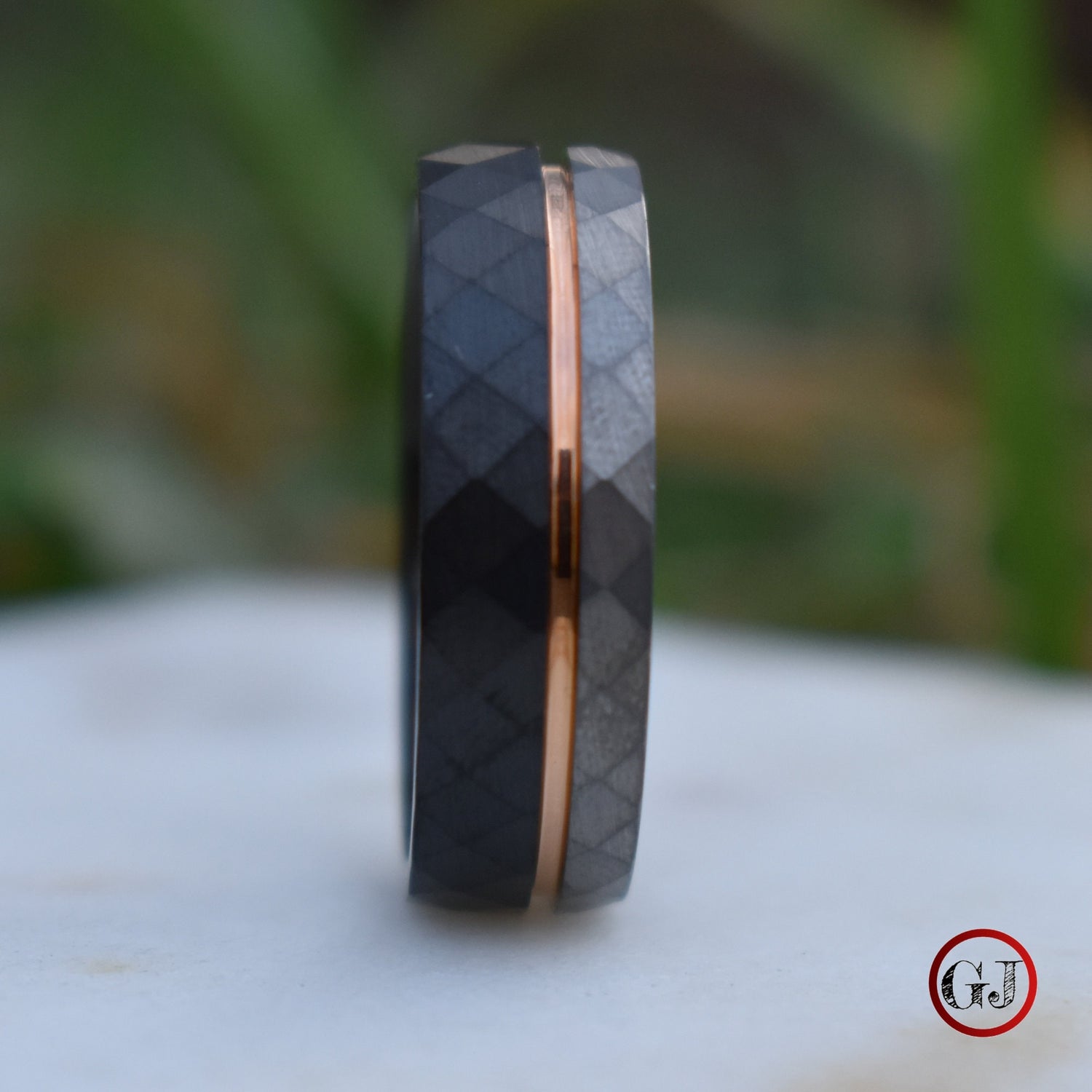 Hammered Tungsten Ring Black and Silver Brushed with Rose Gold Accent, Mens Ring, Mens Wedding Band