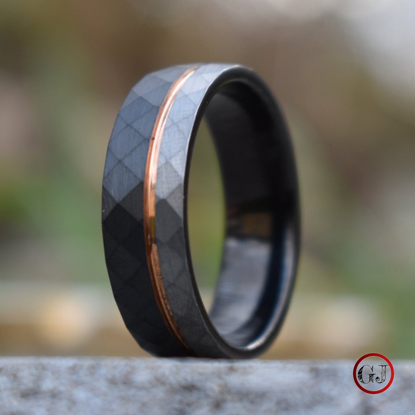 Hammered Tungsten Ring Black and Silver Brushed with Rose Gold Accent, Mens Ring, Mens Wedding Band