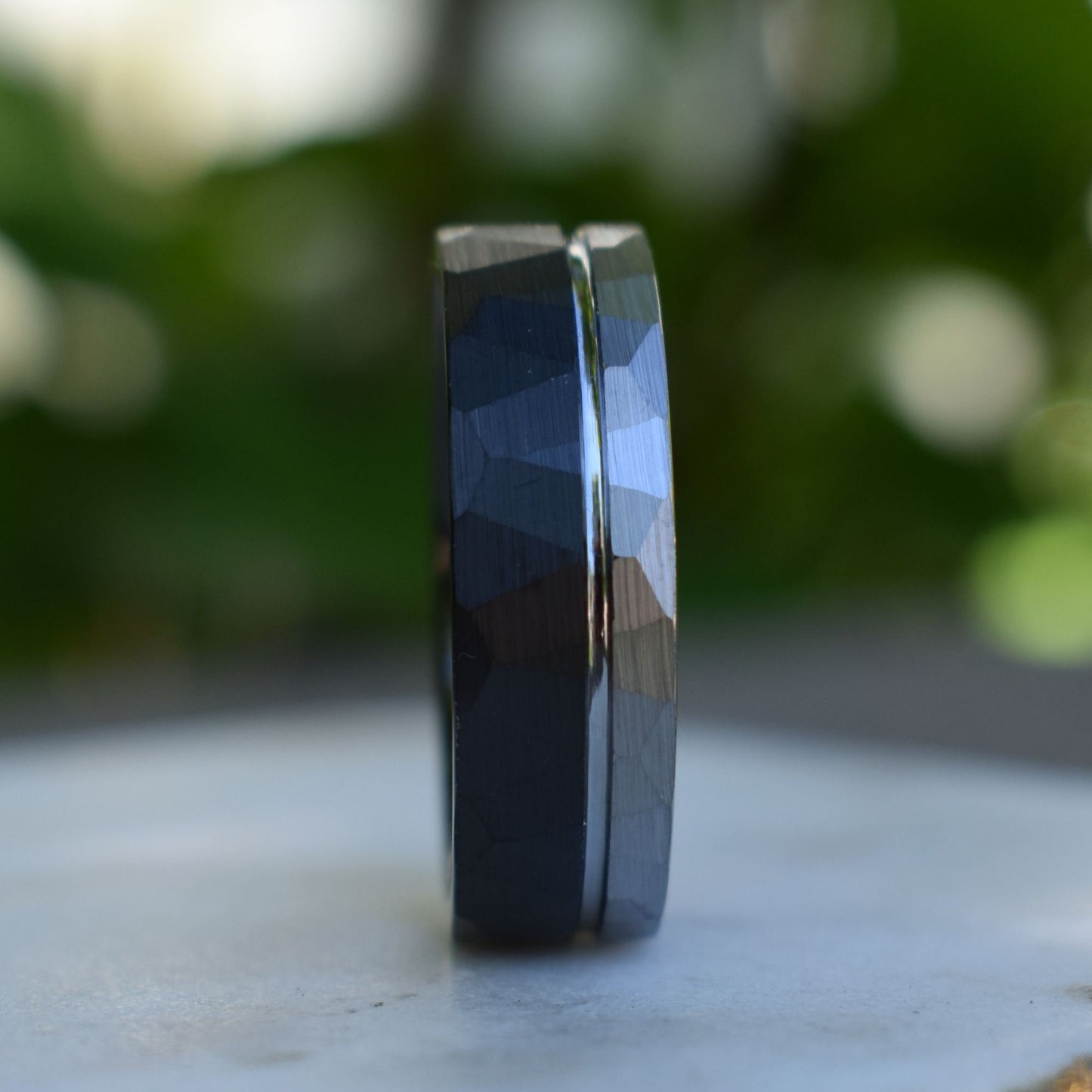 Hammered Tungsten Ring 8mm Black and Silver Brushed with Polished Silver Accent, Mens Ring, Mens Wedding Band
