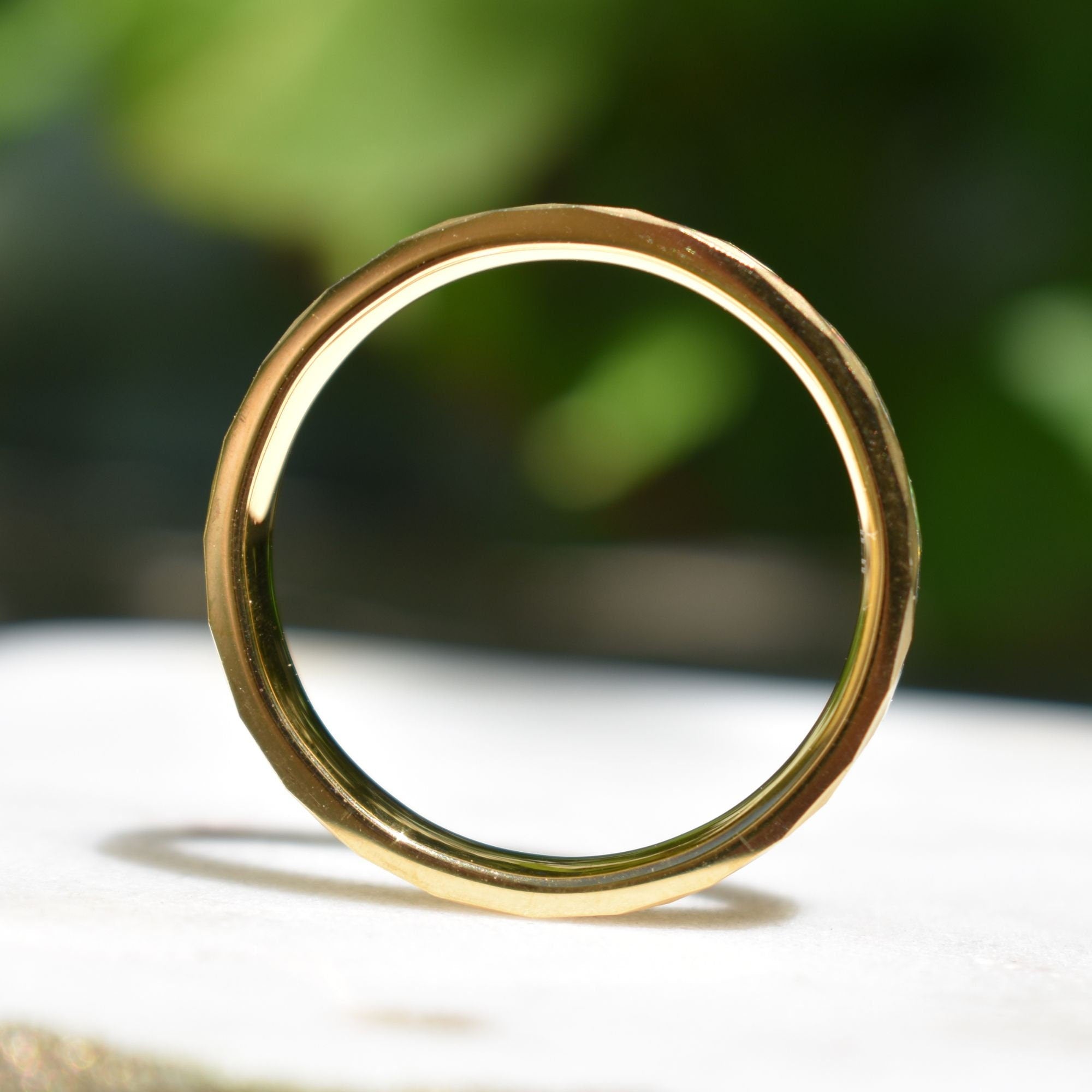 Tungsten 4mm Hammered Yellow Gold Ring with Crushed Opal Centre, Wedding Ring, Wedding Band