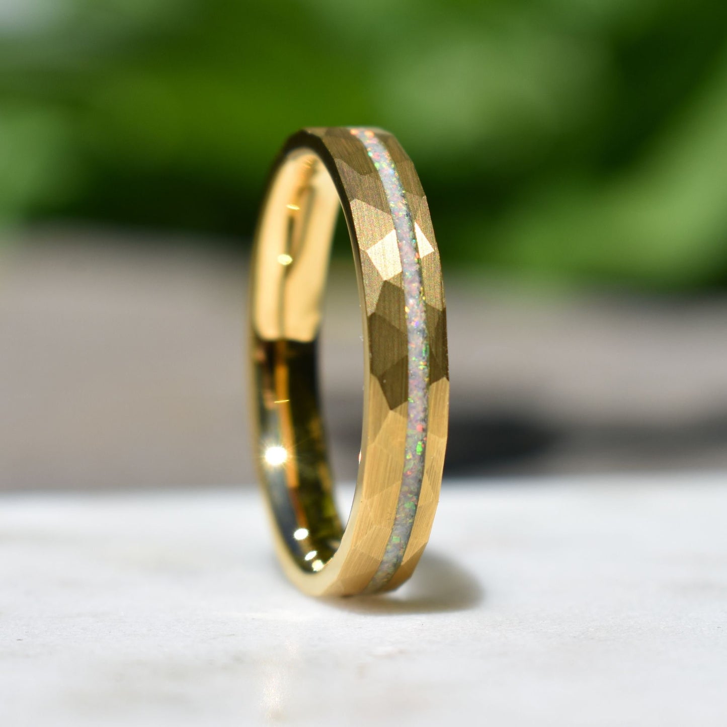 Tungsten 4mm Hammered Yellow Gold Ring with Crushed Opal Centre, Wedding Ring, Wedding Band