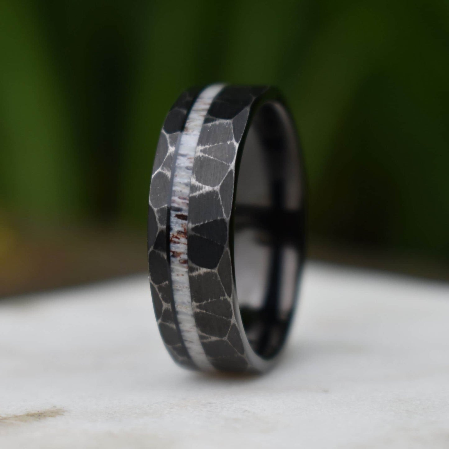 Tungsten 8mm Ring Distressed Black with Deer Antler Inlay, Mens Ring, Mens Wedding Band