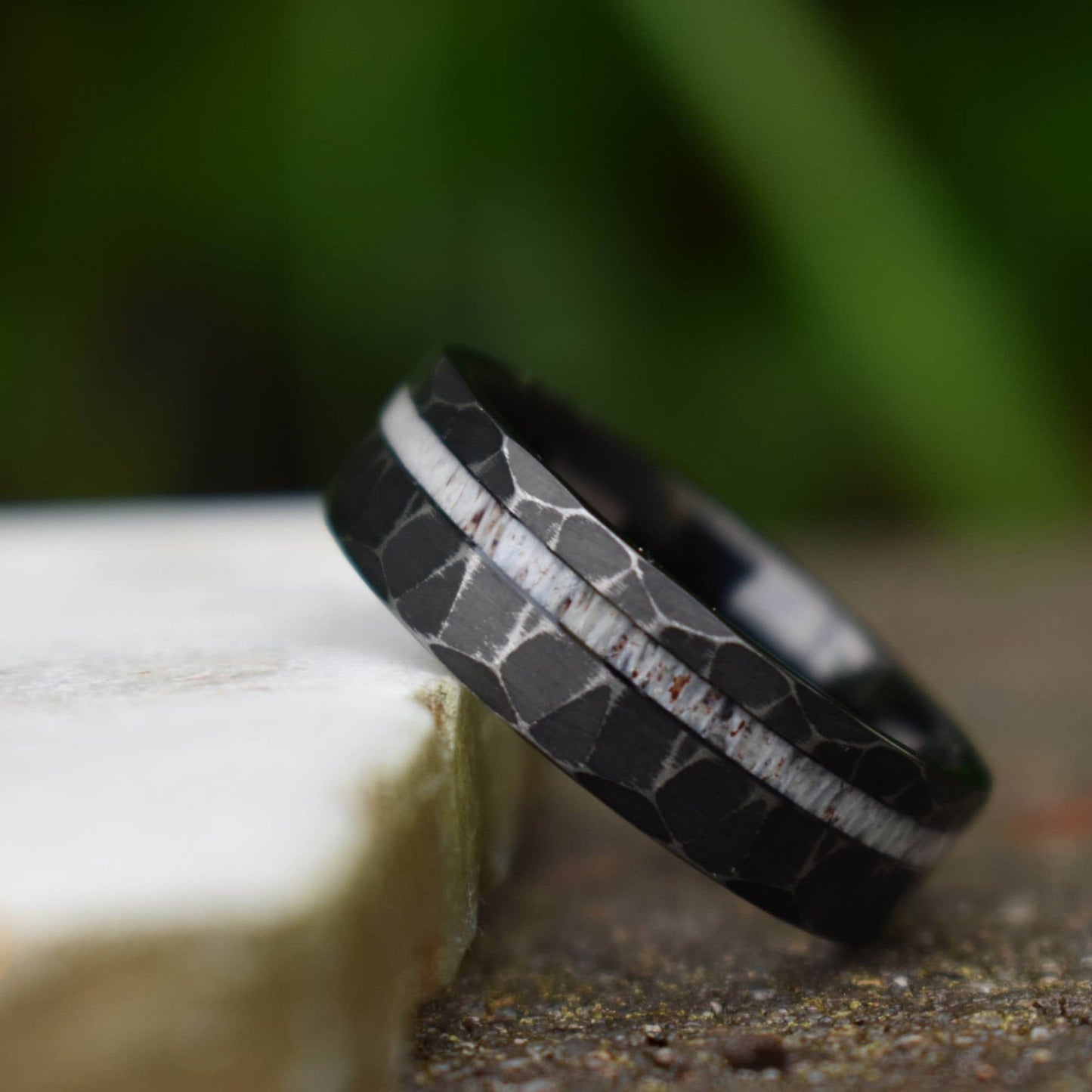 Tungsten 8mm Ring Distressed Black with Deer Antler Inlay, Mens Ring, Mens Wedding Band