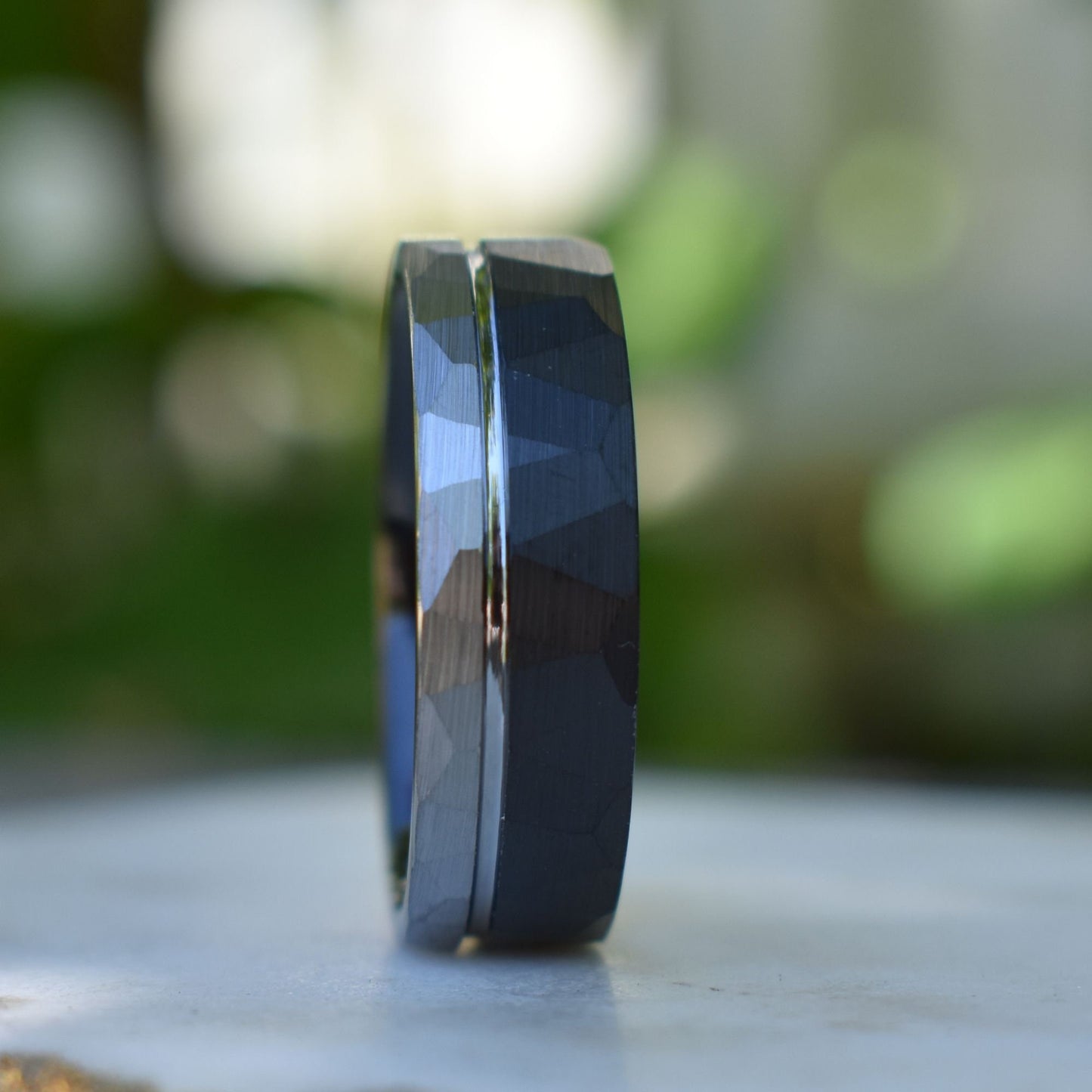 Hammered Tungsten Ring 8mm Black and Silver Brushed with Polished Silver Accent, Mens Ring, Mens Wedding Band