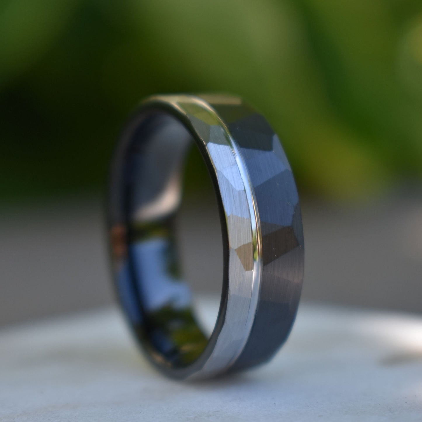Hammered Tungsten Ring 8mm Black and Silver Brushed with Polished Silver Accent, Mens Ring, Mens Wedding Band