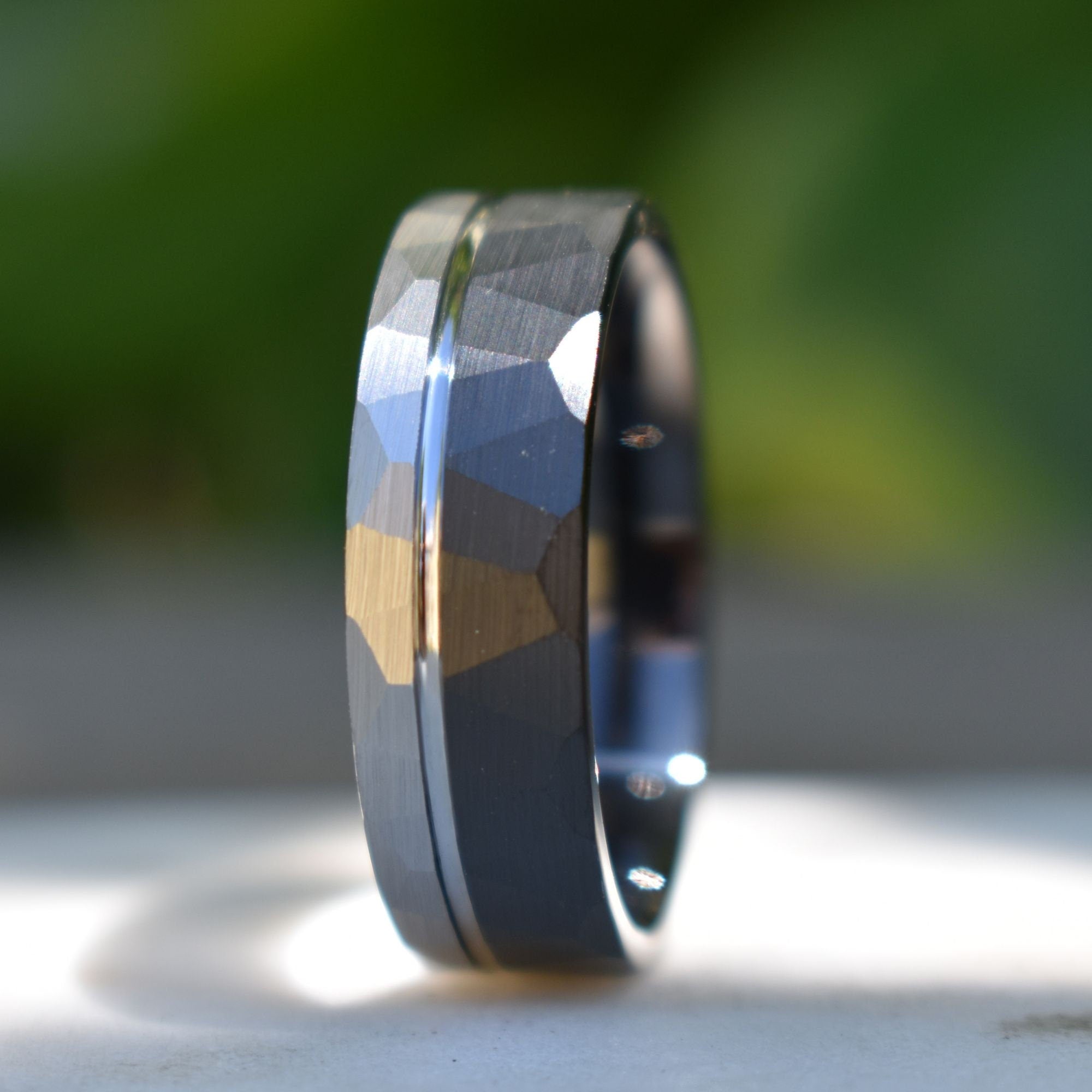 Hammered Tungsten Ring 8mm Black and Silver Brushed with Polished Silver Accent, Mens Ring, Mens Wedding Band