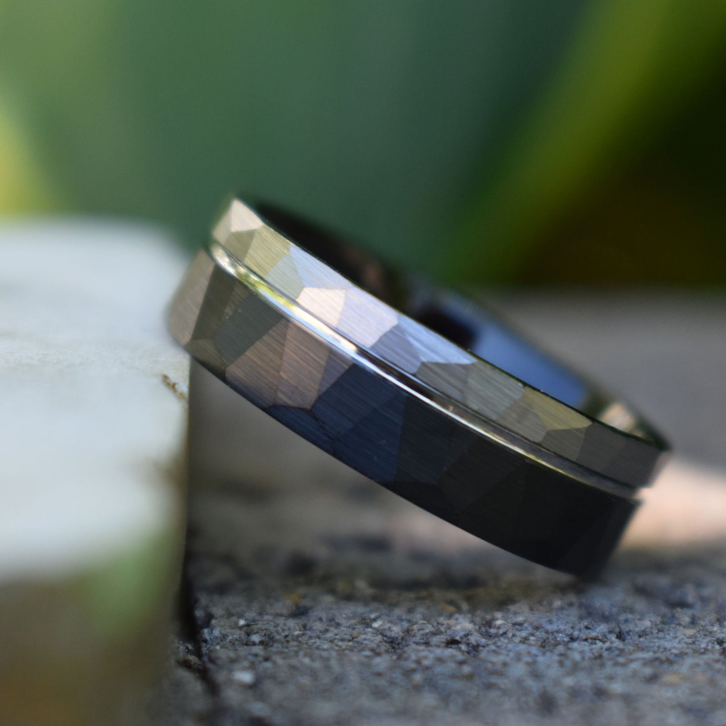 Hammered Tungsten Ring 8mm Black and Silver Brushed with Polished Silver Accent, Mens Ring, Mens Wedding Band