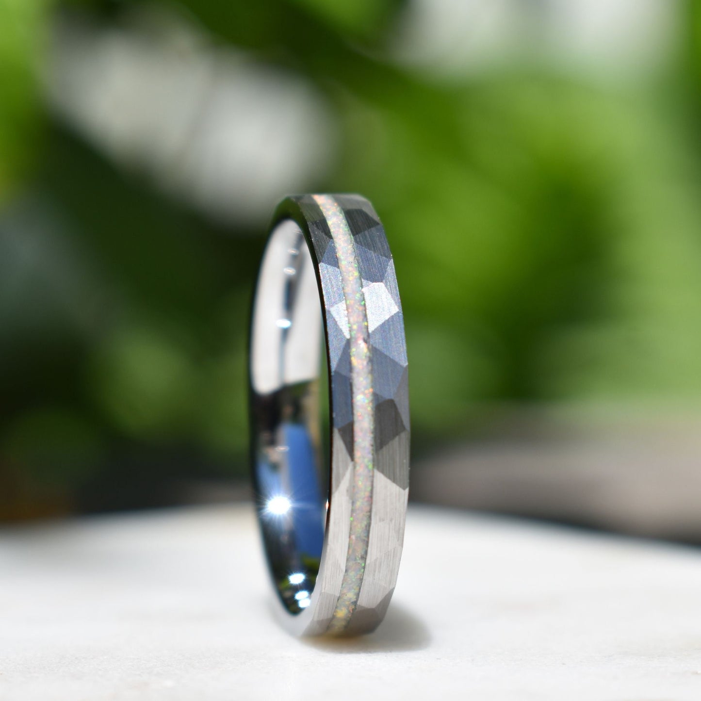 Tungsten 4mm Hammered Ring with Crushed Opal Centre, Wedding Ring, Wedding Band