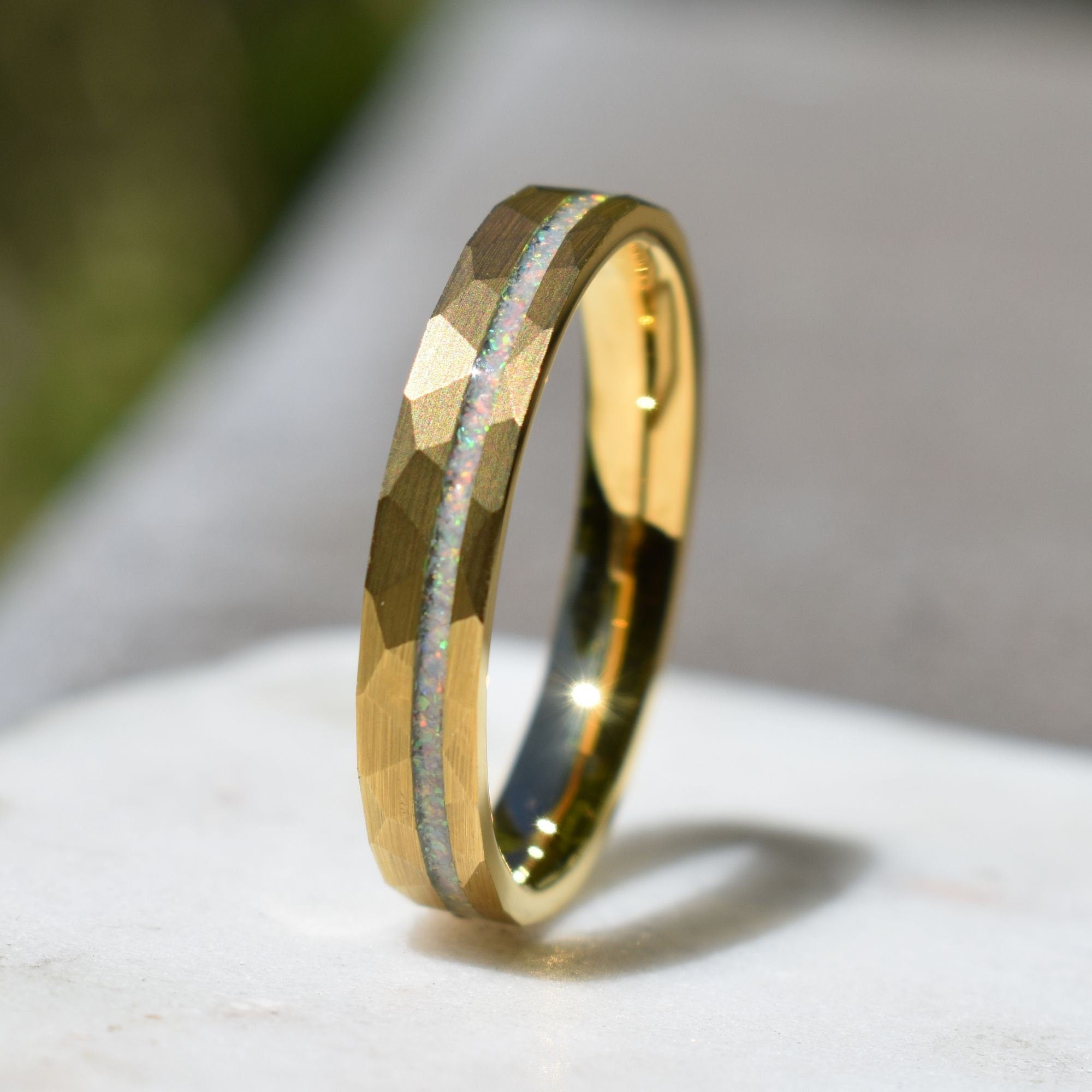 Tungsten 4mm Hammered Yellow Gold Ring with Crushed Opal Centre, Wedding Ring, Wedding Band