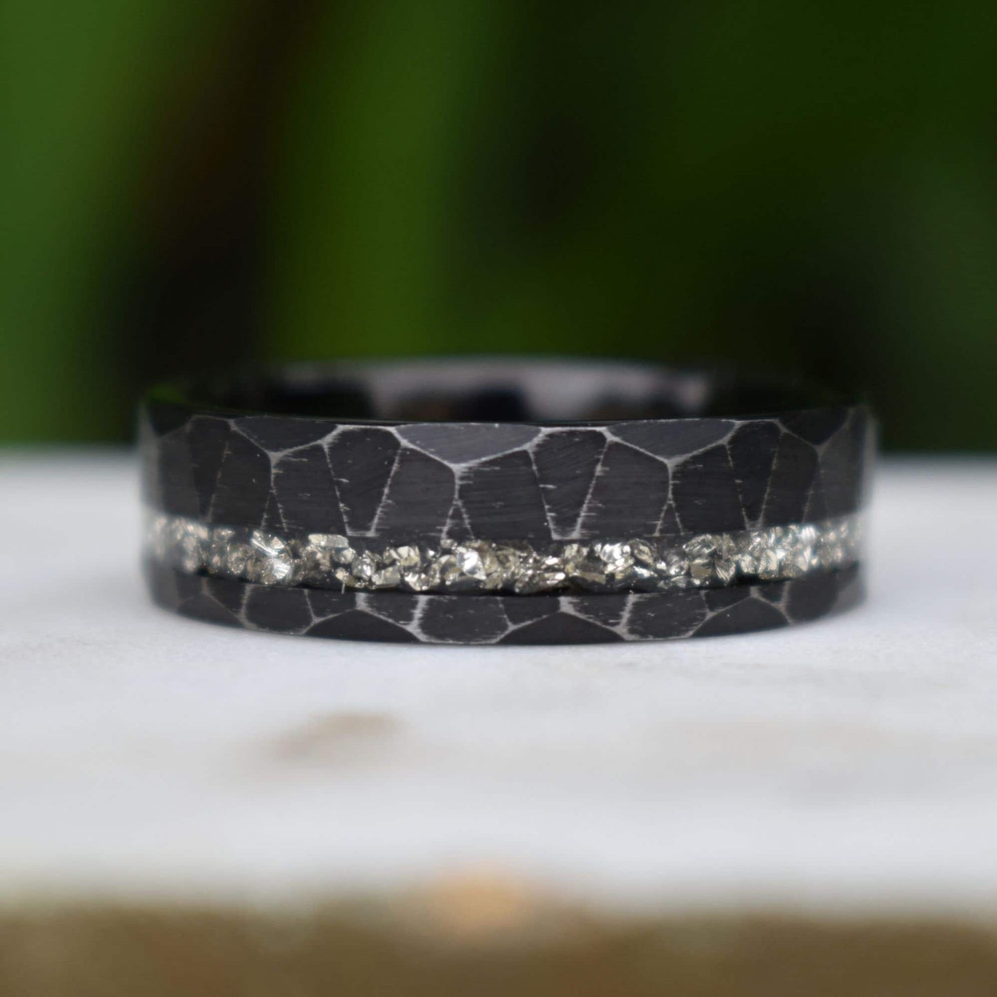 Tungsten 8mm Ring Distressed Black with German Glass, Mens Ring, Mens Wedding Band