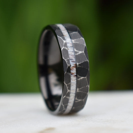 Tungsten 8mm Ring Distressed Black with Deer Antler Inlay, Mens Ring, Mens Wedding Band