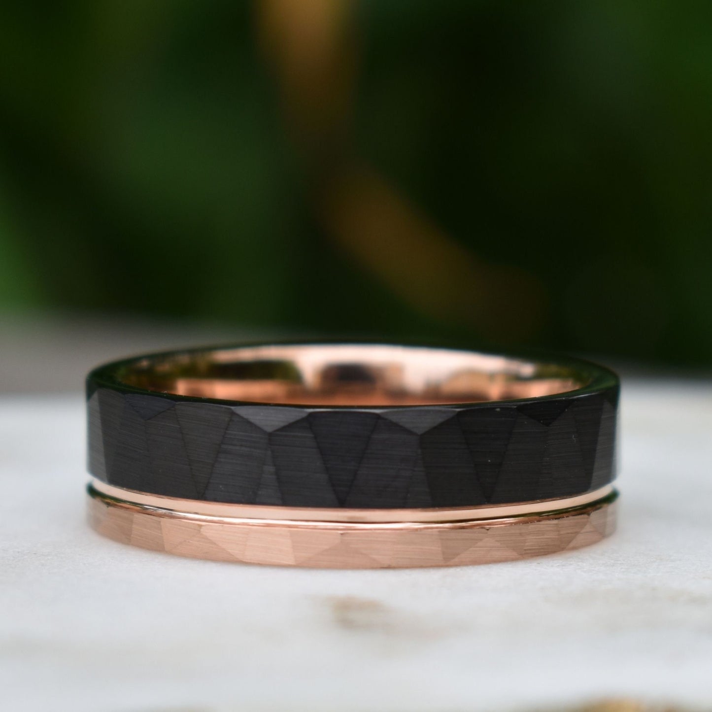 Hammered Tungsten Ring 8mm Black and Rose Gold Brushed with Polished Rose Gold Accent, Mens Ring, Mens Wedding Band
