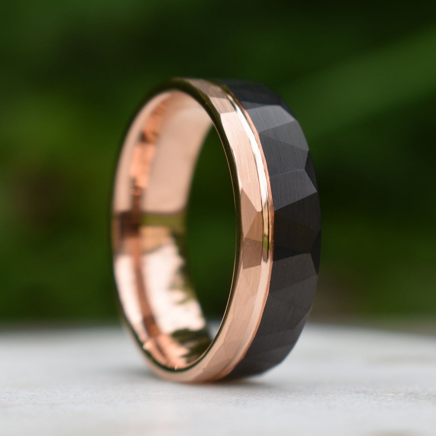 Hammered Tungsten Ring 8mm Black and Rose Gold Brushed with Polished Rose Gold Accent, Mens Ring, Mens Wedding Band