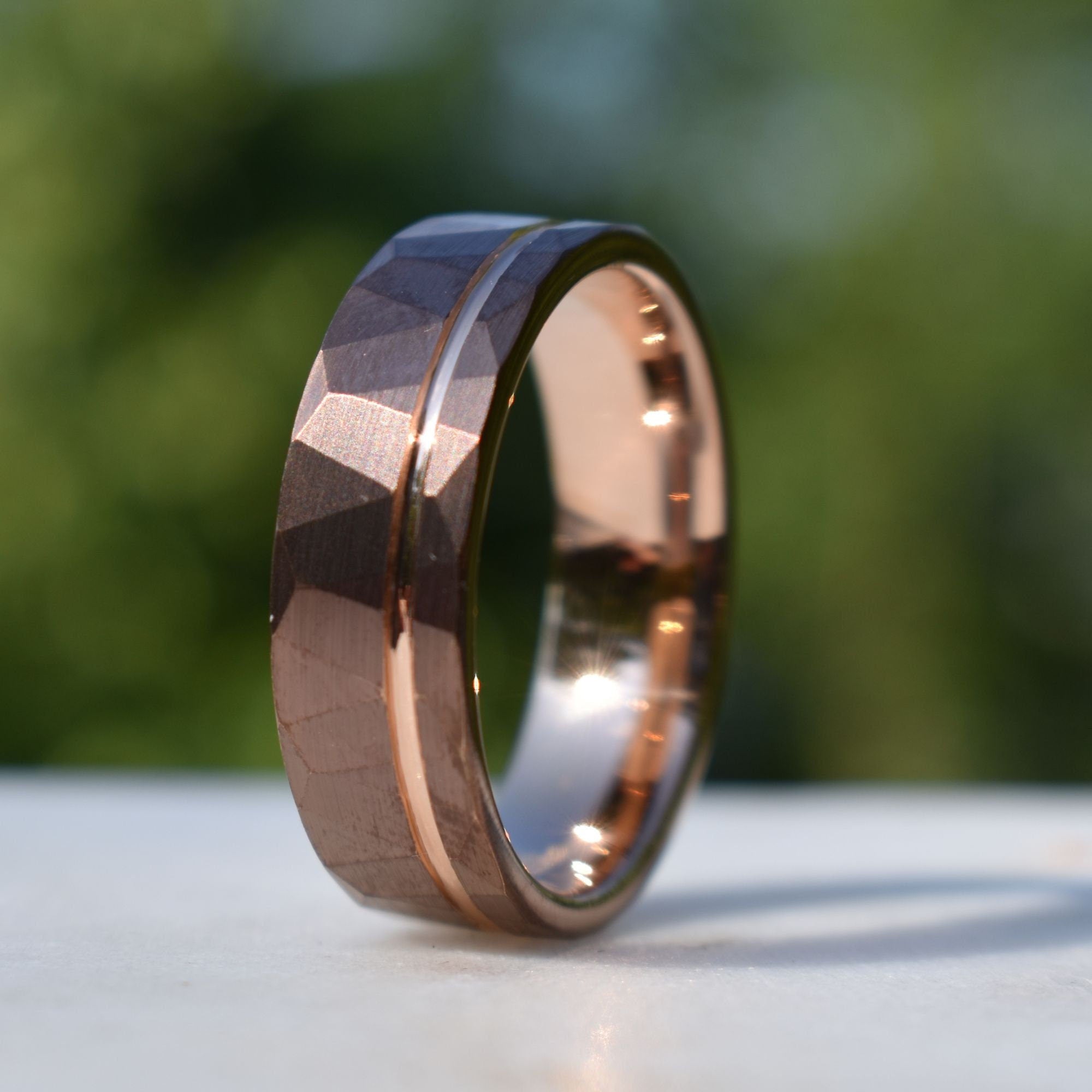 Hammered 8mm Chocolate Tungsten Ring with Rose Gold Accent, Mens Ring, Mens Wedding Band