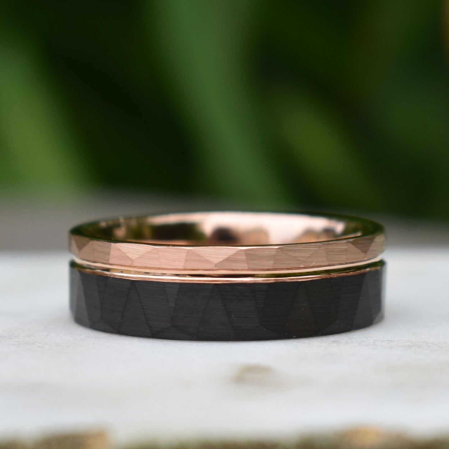 Hammered Tungsten Ring 8mm Black and Rose Gold Brushed with Polished Rose Gold Accent, Mens Ring, Mens Wedding Band