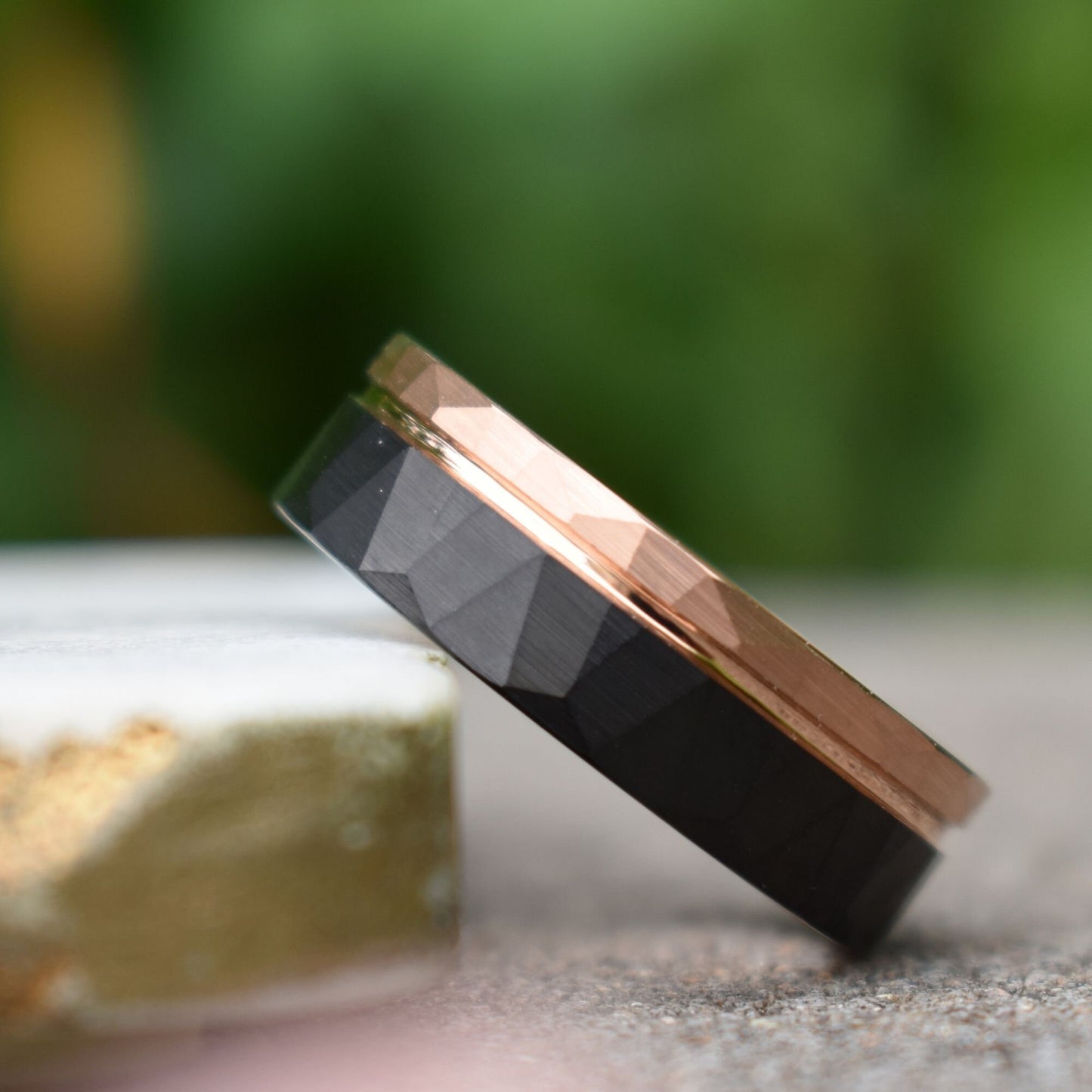 Hammered Tungsten Ring 8mm Black and Rose Gold Brushed with Polished Rose Gold Accent, Mens Ring, Mens Wedding Band