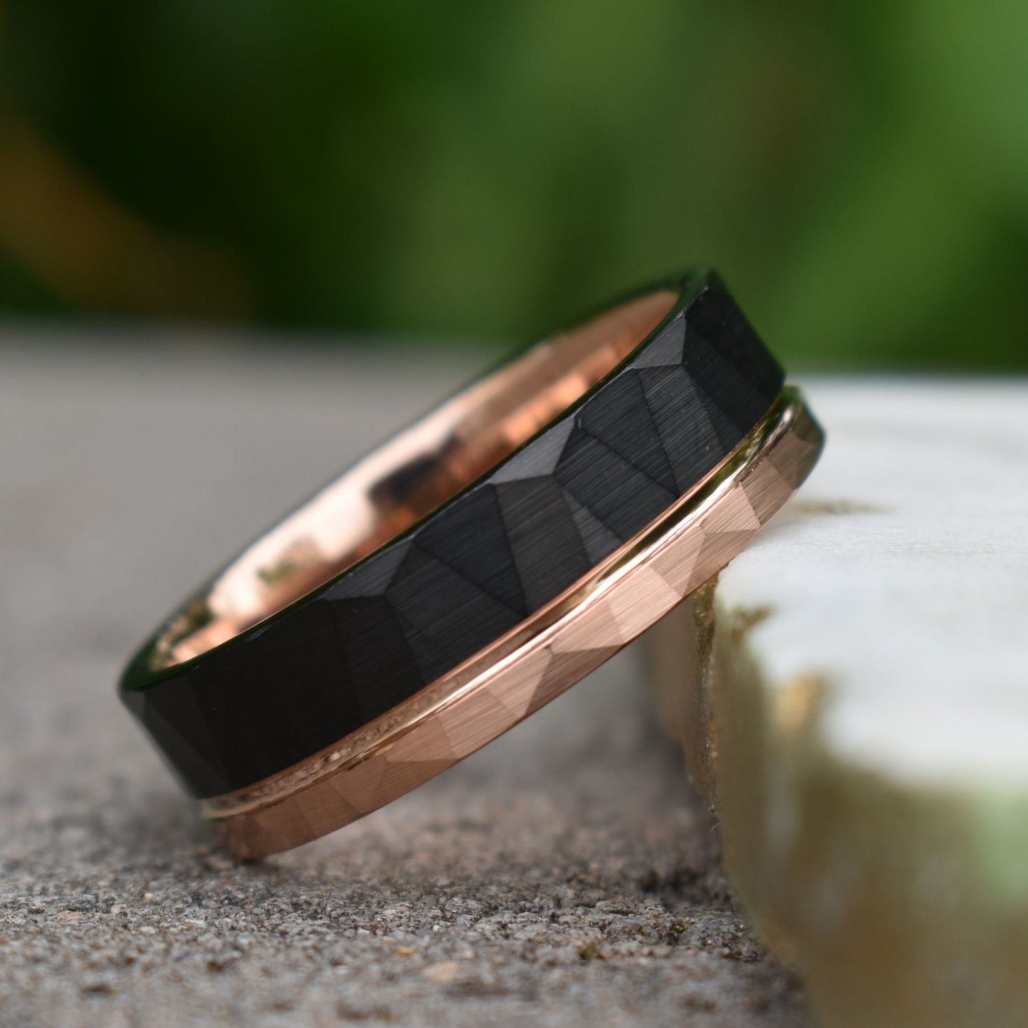 Hammered Tungsten Ring 8mm Black and Rose Gold Brushed with Polished Rose Gold Accent, Mens Ring, Mens Wedding Band