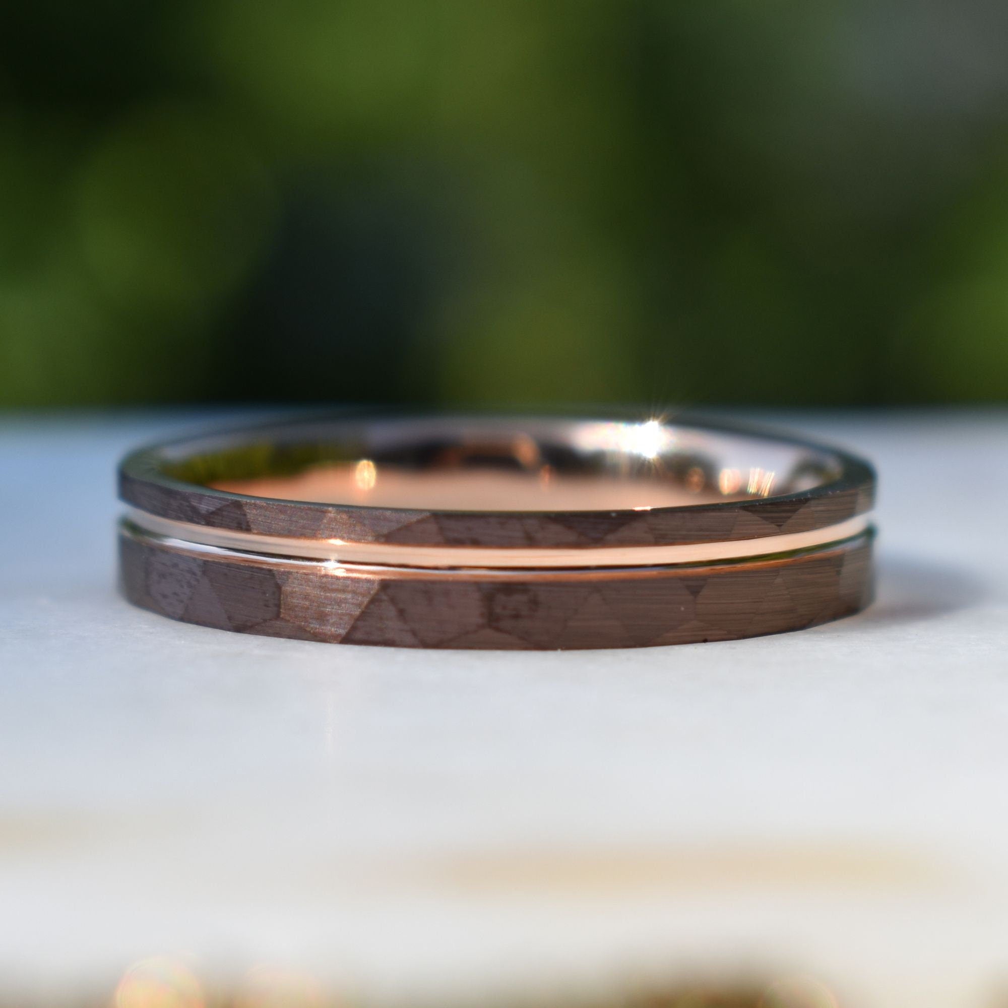 Hammered 4mm Chocolate Tungsten Ring with Rose Gold Accent, Mens Ring, Mens Wedding Band