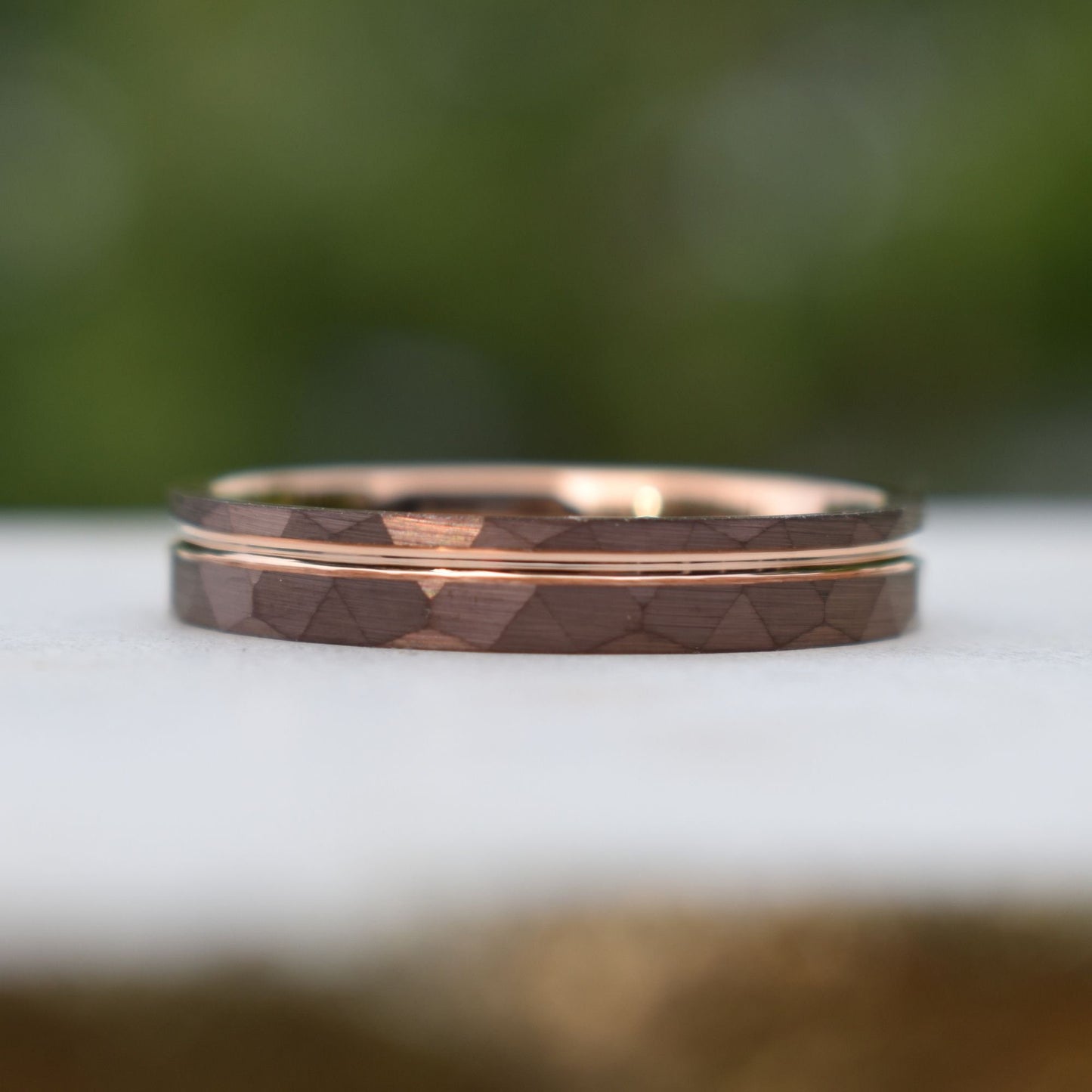 Hammered 4mm Chocolate Tungsten Ring with Rose Gold Accent, Mens Ring, Mens Wedding Band