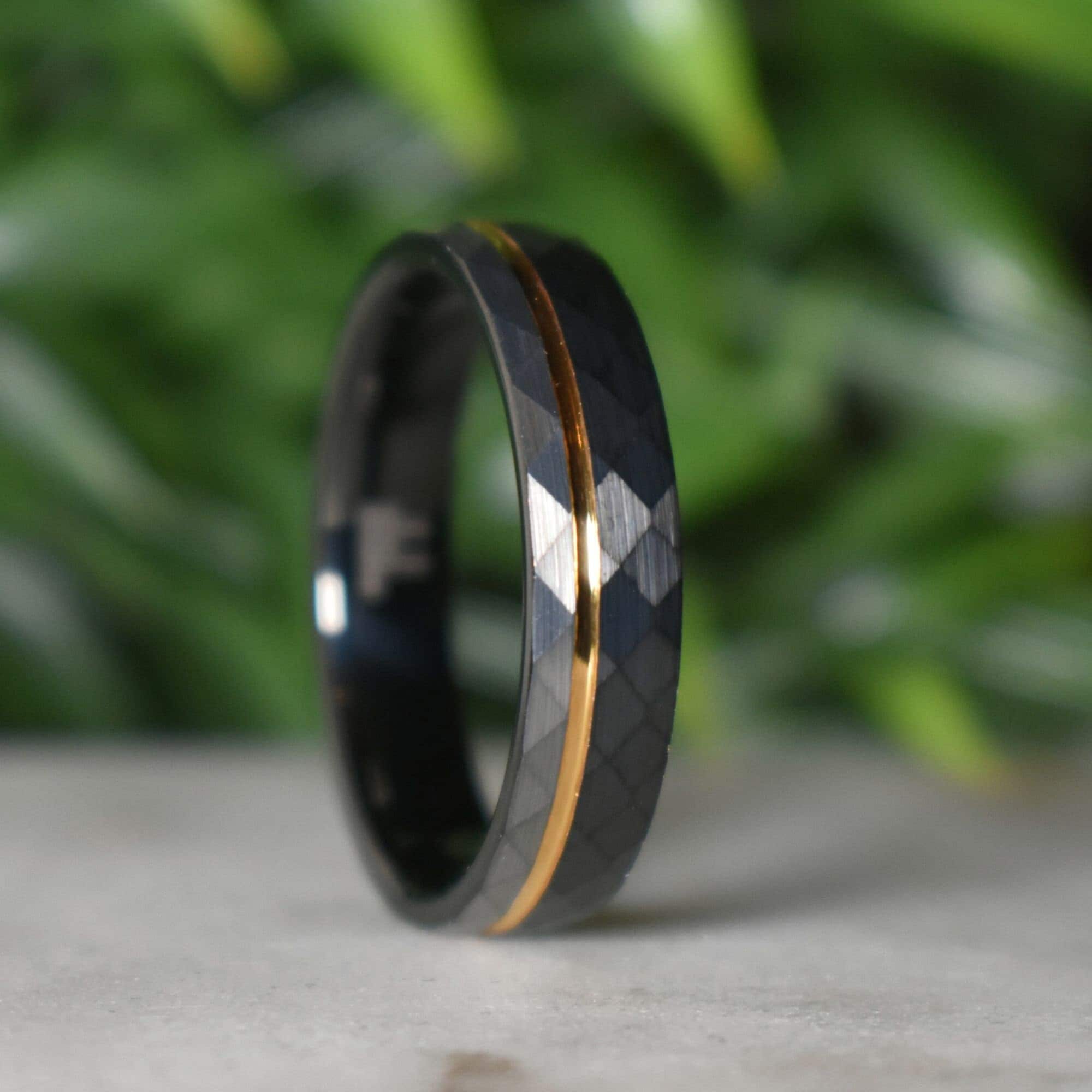 Hammered 6mm Tungsten Ring Black and Silver Brushed with Gold Accent, Mens Ring, Mens Wedding Band