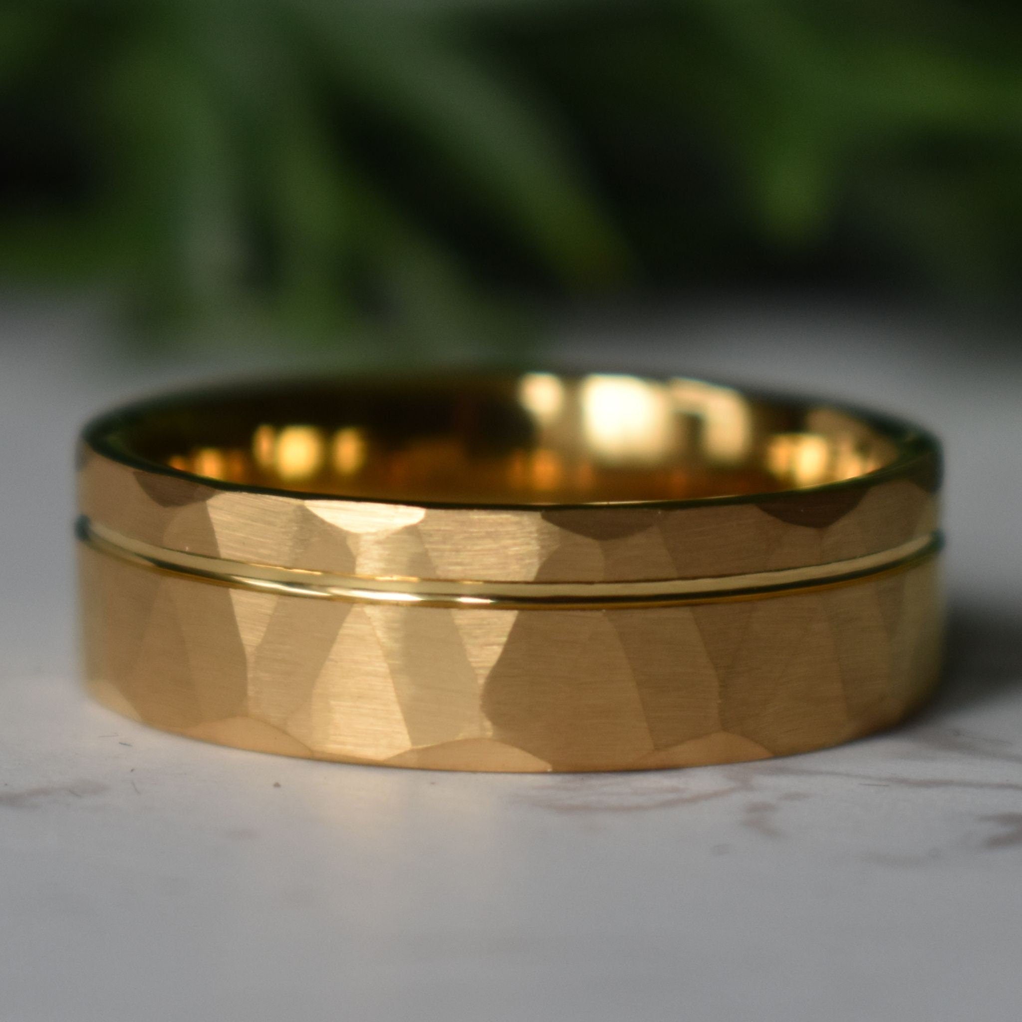 Hammered Tungsten Ring 8mm Gold Brushed with Polished Gold Accent